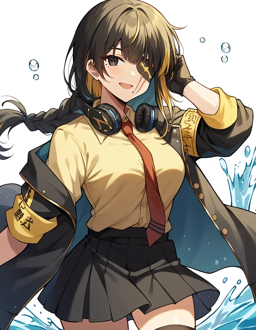 score_9, score_8_up, score_7_up, source_anime, <lora:girlsfrontline-m16a1-ponyxl-lora-nochekaiser:1>, m16a1, black hair, long hair, black eyes, streaked hair, yellow hair, bangs, braid, braided ponytail, eyepatch, mole, mole under eye, scar, scar on face,, armband, asymmetrical legwear, black gloves, black jacket, black legwear, black skirt, buttons, gloves, headphones, headphones around neck, hood, hooded jacket, jacket, knee pads, necktie, skirt, strap, unevent legwear, shirt, yellow shirt, hood down, mature female, medium breasts,, waterpark, slides, splash, fun, people, smile, <lora:tucking-hair-ponyxl-lora-nochekaiser:1>, tucking hair, adjusting hair, hand on own hair, hair behind ear,, looking at viewer, solo,, dutch angle, cowboy shot