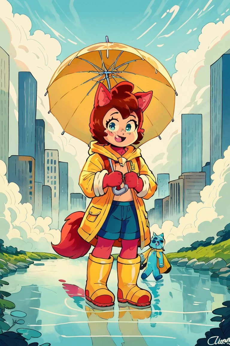 Score_9, score_8_up, score_7_up, score_6_up,score_5_up,  ,, ClansoniudoStyle,1boy, after rain, animal ears, blue eyes, blue shorts, boots, brown hair, child, cityscape, coat, dog ears, dog tail, fang, grey sky, holding, holding umbrella, hood, hooded coat, open mouth, outdoors, puddle, raincoat, reflection, rubber boots, short hair, shorts, sky, sleeves rolled up, smile, solo, standing, tail, umbrella, vanishing point, yellow coat, yellow footwear