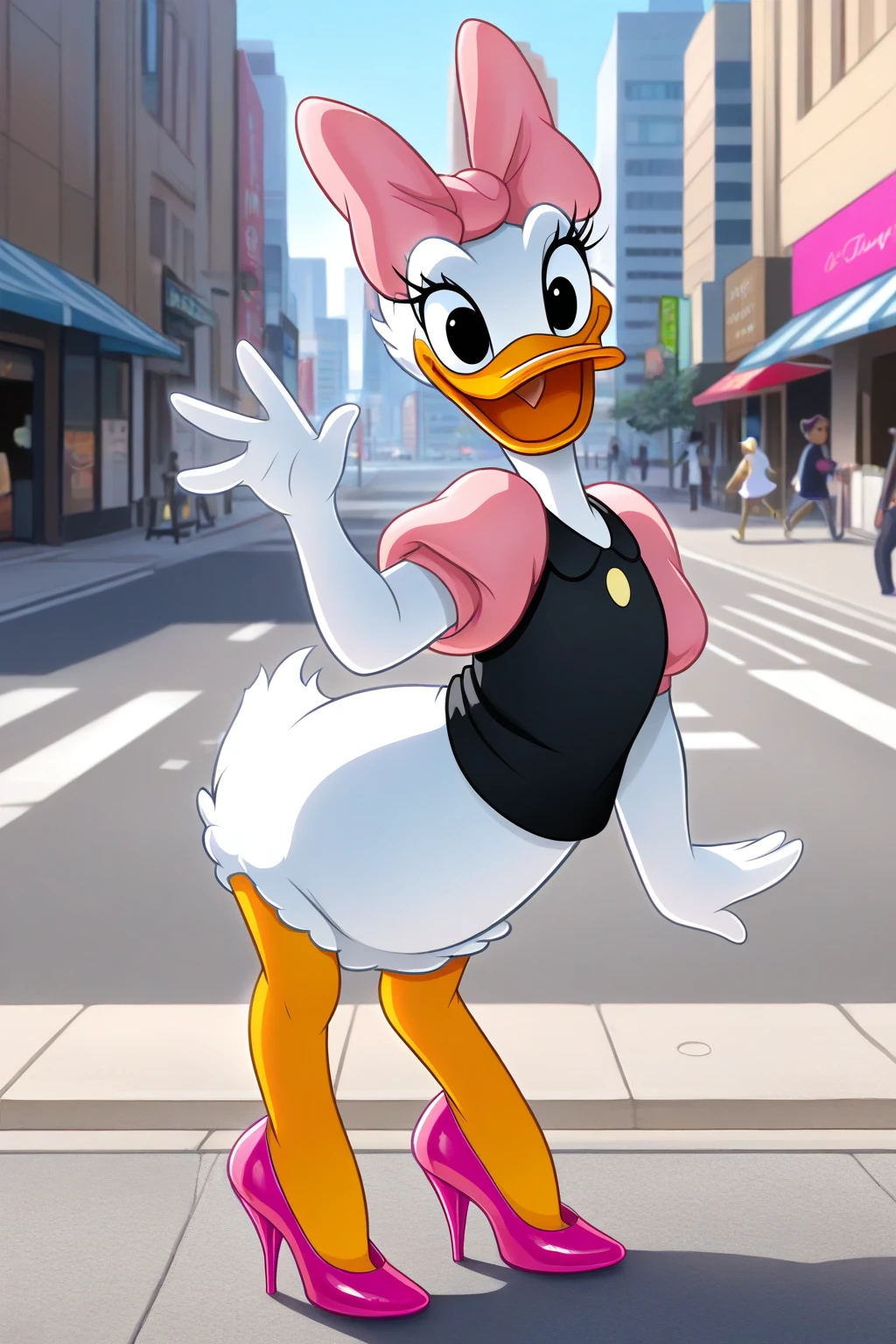 masterpiece, best quality, amazing quality, absurdres, daisyduck, 1girl, standing, white plumage, white feathers, orange legs, open mouth, waving, looking at viewer, happy, pink bow, puffy sleeves, short pink sleeves, black shirt, pink stiletto heels, outdoors, city, street