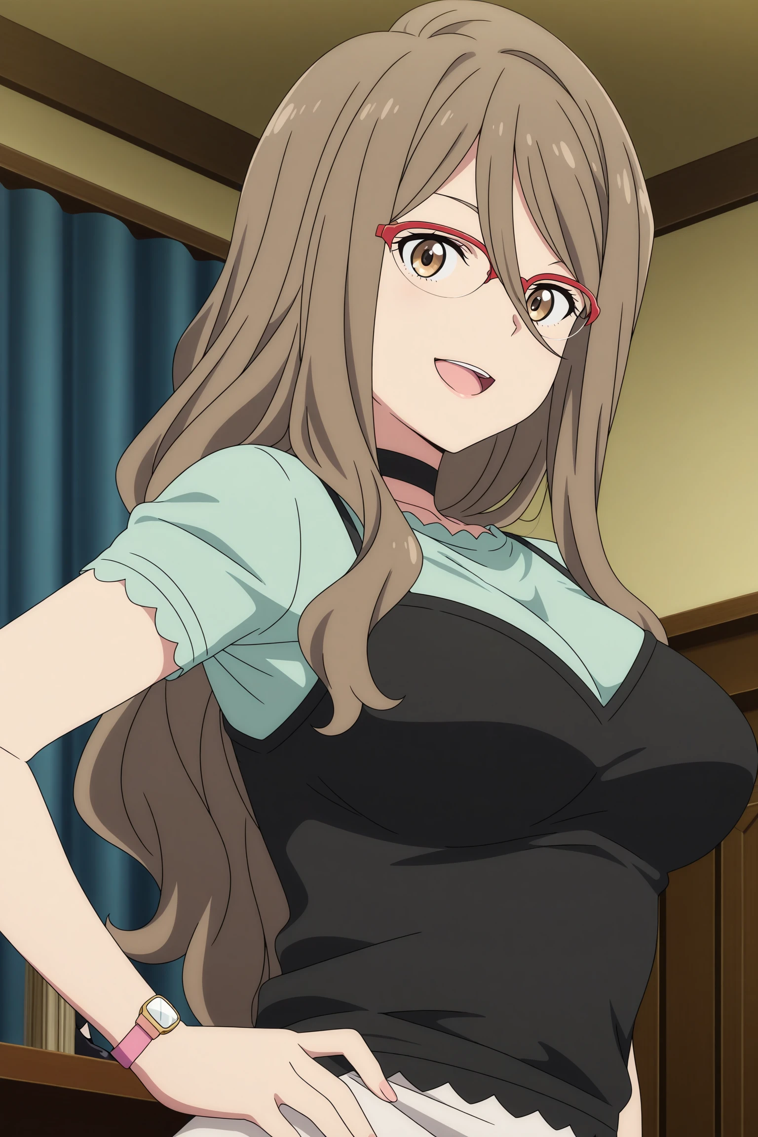 masterpiece, best quality, amazing quality, highres, absurdres, very aesthetic, high resolution, ultra detailed, perfect details, 1girl, solo, indoors, living room, medium breasts,nakahara mizuki, brown hair, long hair, hair between eyes, sidelocks, red-framed eyewear, over-rim eyewear, brown eyes, choker, green shirt, short sleeves, black camisole, wristwatch, grey skirt, pencil skirt, black pantyhose, black footwear, high heels, <lora:Mizuki_Nakahara_ILXL:0.8>, looking at viewer, (upper body:1.6), smile, (pose:1.5), anime screencap, anime coloring, open mouth