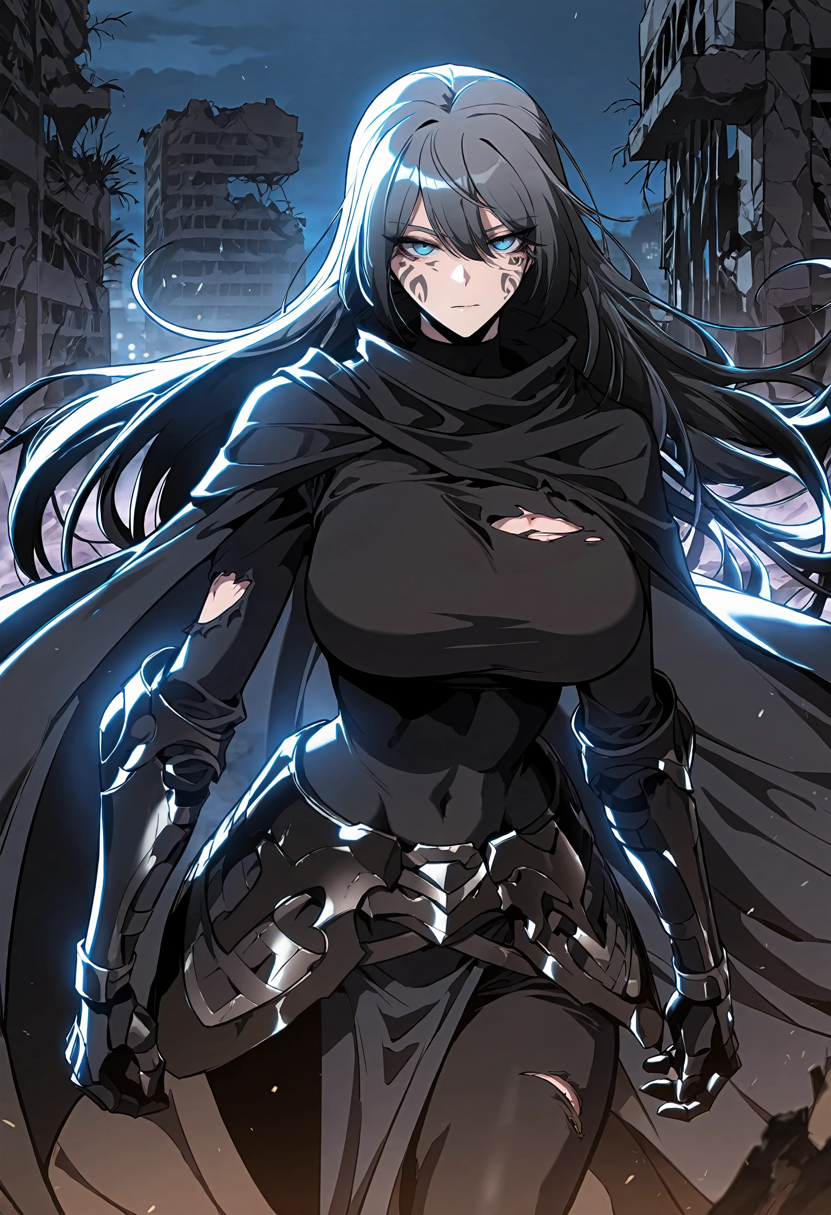 masterpiece, best quality, amazing quality, very aesthetic, absurdres, newest, scenery, 1girl, solo, huge breasts, <lora:Dark Teresa du Laurentia illustxl:0.9> facial tattoo, facial mark, blue eyes, long hair, grey hair, black hair, hair between eyes, black cape, black armor, torn clothes, turtleneck shirt, black shirt, black gauntlets, covered navel, black pants, standing, upper body, ruins, dark, night, outside, looking at viewer, shiny skin, masterpiece, best quality, amazing quality, very aesthetic, absurdres, newest, scenery