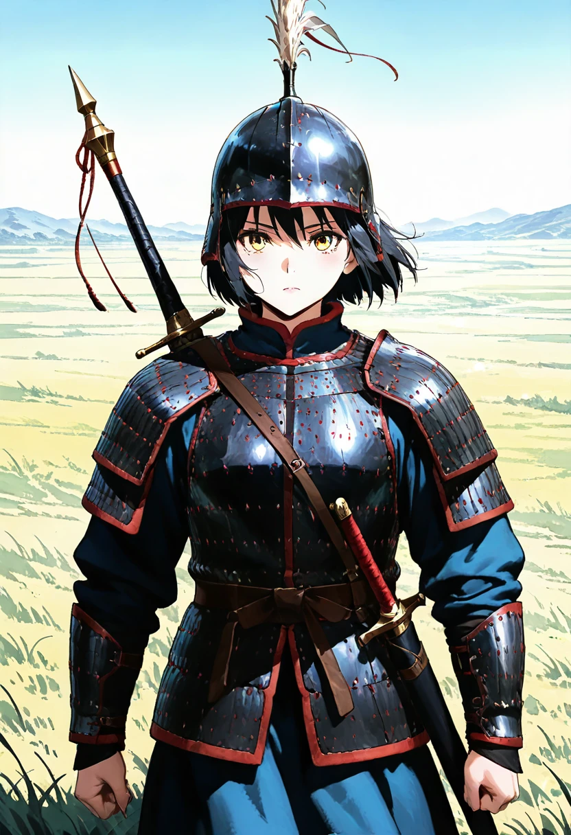 masterpiece, best quality, absurdres, detailed skin, detailed eyes, anime colored, anime screencap,
1 girl, black hair, short hair, yellow eyes, upper body,
<lora:Chinese_Han_Dynasty_armor:0.9>, ((hanarmor)), armor, sword, sheathed, ((hanhelmet)), helmet, shoulder armor, 
grasslands, strong wind,