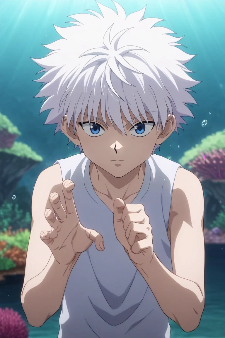 score_9, score_8_up, score_7_up, , rating_safe, , anime screencap, anime coloring, , looking at viewer, depth of field, 1boy, solo, male focus, <lora:killua_zoldyck_pony:0.98>, killua_zoldyck, white hair, blue eyes, short hair, spiked hair, bangs, messy hair, coral palace, shell towers, bubble gardens, fish courts, swimming pose, graceful expression, aqua lighting, , <lora:sdxl_lightning_8step_lora:1>