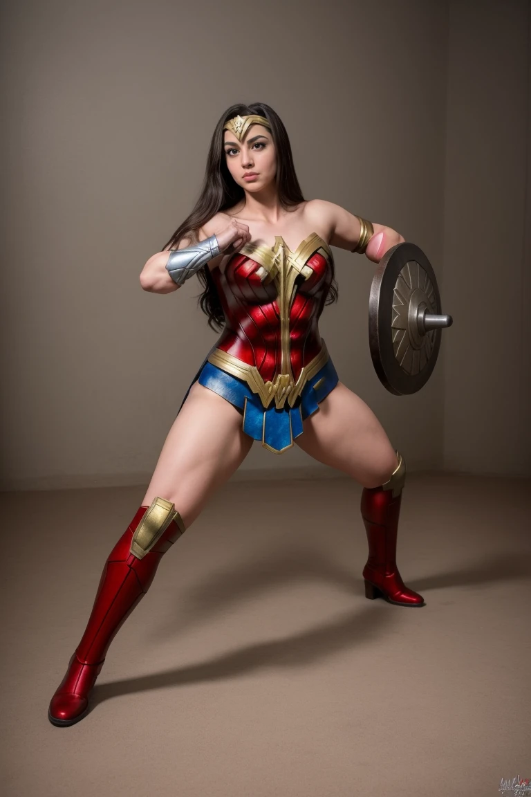 , raw , best quality,  realistic,  <lora:wonderwjulianaLQuiron _v01i01e25t05_Lora:0.77> wonderwcosplayjulianalopesQuiron, solo, 1girl, remarkable color, Step back lunge: Stepping back and lowering into a lunge., amateurish,