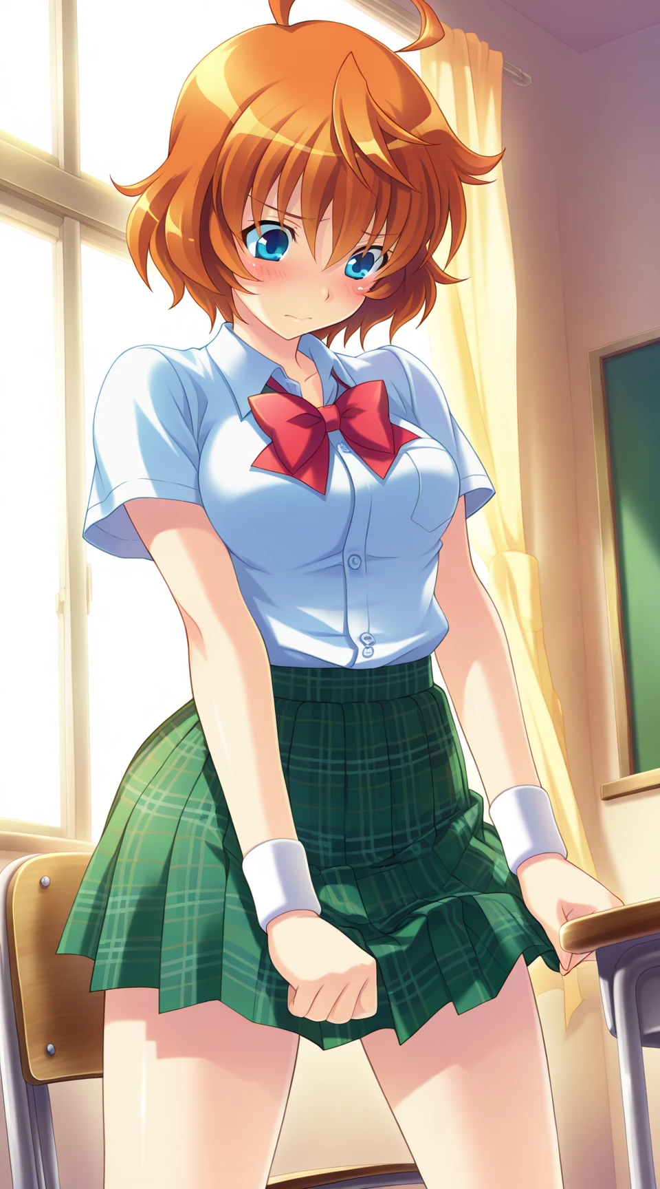 in classroom, school desk, chair,  <lora:fairy_sword_illusv1.0:0.9>fairy sword,1girl, solo, skirt, short hair, standing,  look down, put  hands in front of skirt, guilt, plaid skirt, plaid, green skirt, orange hair, , ahoge, school uniform, pleated skirt, red bow, blush, white wristband, short sleeves, blue eyes,
masterpiece, best quality, extremely delicate and beautiful, highres, original ,