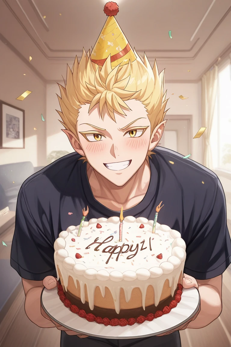 realistic shading, male focus, leaning forward, looking at viewer, cute expressive face, sabnockwdik, blonde_sabnockwdik_spiked hair, yellow_sabnockwdik_eyes, 1boy, leaning forward, holding a cake, happy, blush lines, shiny skin, wide smile, party hat, shirt, cute theme, indoors living room, confetti, festive, dynamic angle, intricately detailed illustration, depth of field, atmospheric perspective, masterpiece, best quality, amazing quality, very aesthetic, absurdres, newest, anime screencap