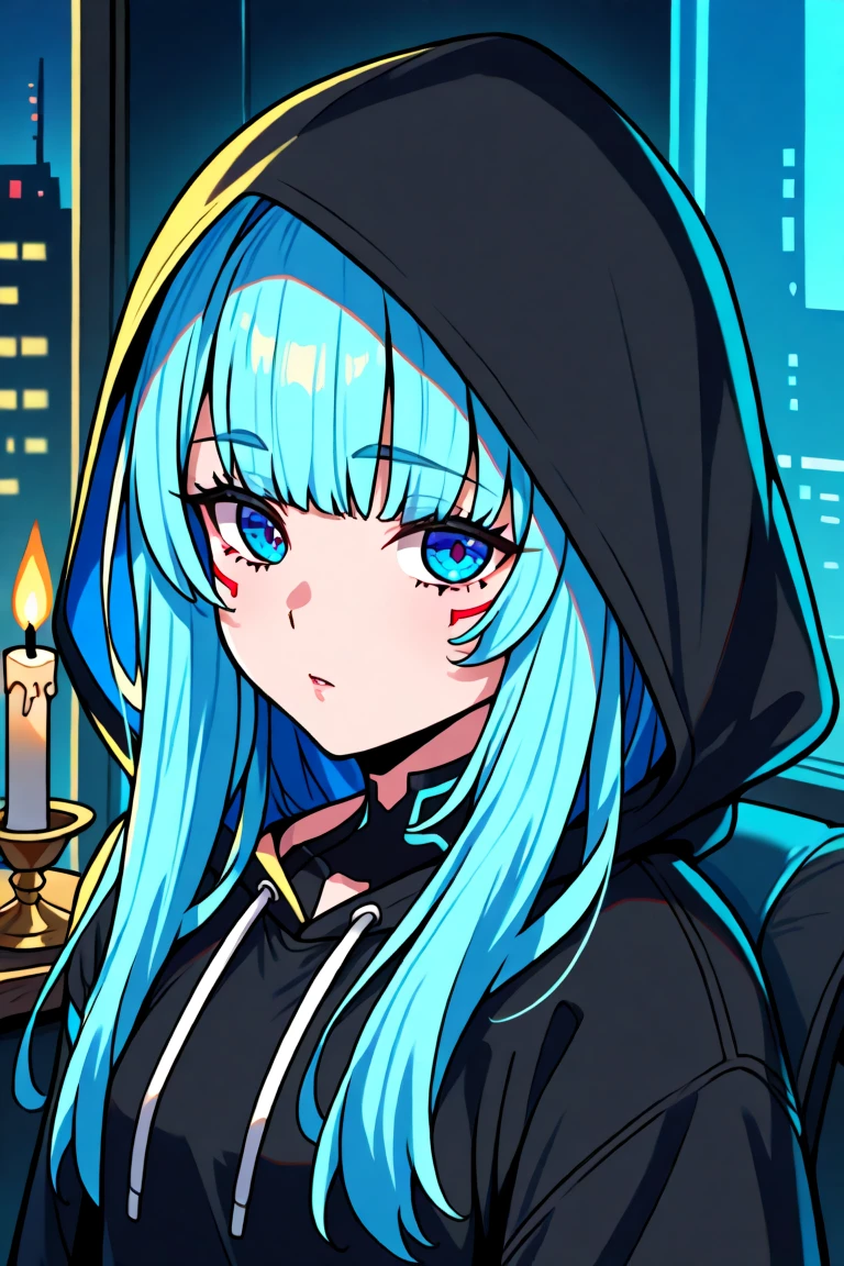 Candlelight,sarah, long hair, blue eyes, blue hair, black hoody, cyberpunk, blue hair