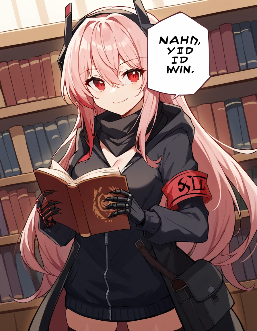 score_9, score_8_up, score_7_up, source_anime, <lora:girlsfrontline-m4-sopmod-ii-ponyxl-lora-nochekaiser:1>, m4 sopmod ii, hair between eyes, red eyes, pink hair, streaked hair, red hair, sidelocks, long hair, multicolored hair, two-tone hair,, armband, black gloves, black jacket, black scarf, black thighhighs, gloves, hair ornament, headgear, headphones, holster, hood, hooded jacket, jacket, mechanical hands, red armband, scarf, thighhighs, track jacket,, library, books, shelves, reading, quiet, smile, <lora:nah-id-win-ponyxl-lora-nochekaiser:1> nah id win, nah i'd win (meme), english text, speech bubble, meme, talking, straight-on, portrait,, looking at viewer, solo,, dutch angle, cowboy shot