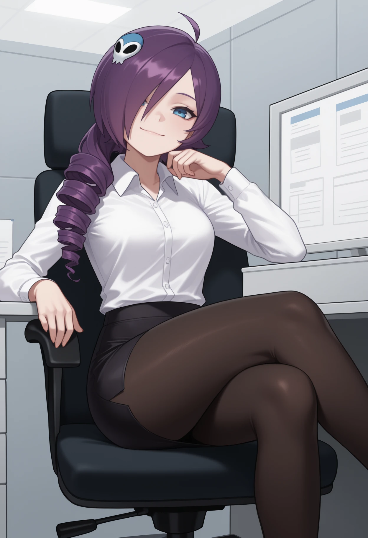 masterpiece, best quality, <break> solo, 1girl, zon3tan, smile, looking at viewer, sitting, swivel chair, crossed legs, long hair, purple hair, hair over one eye, ahoge, drill hair, skull hair ornament, blue eyes, white shirt, collared shirt, long sleeves, black skirt, pencil skirt, black pantyhose, indoors, office, cubicle
<segment:yolo-Anzhc Face seg 640 v2 y8n.pt,0.4,0.5//cid=1>