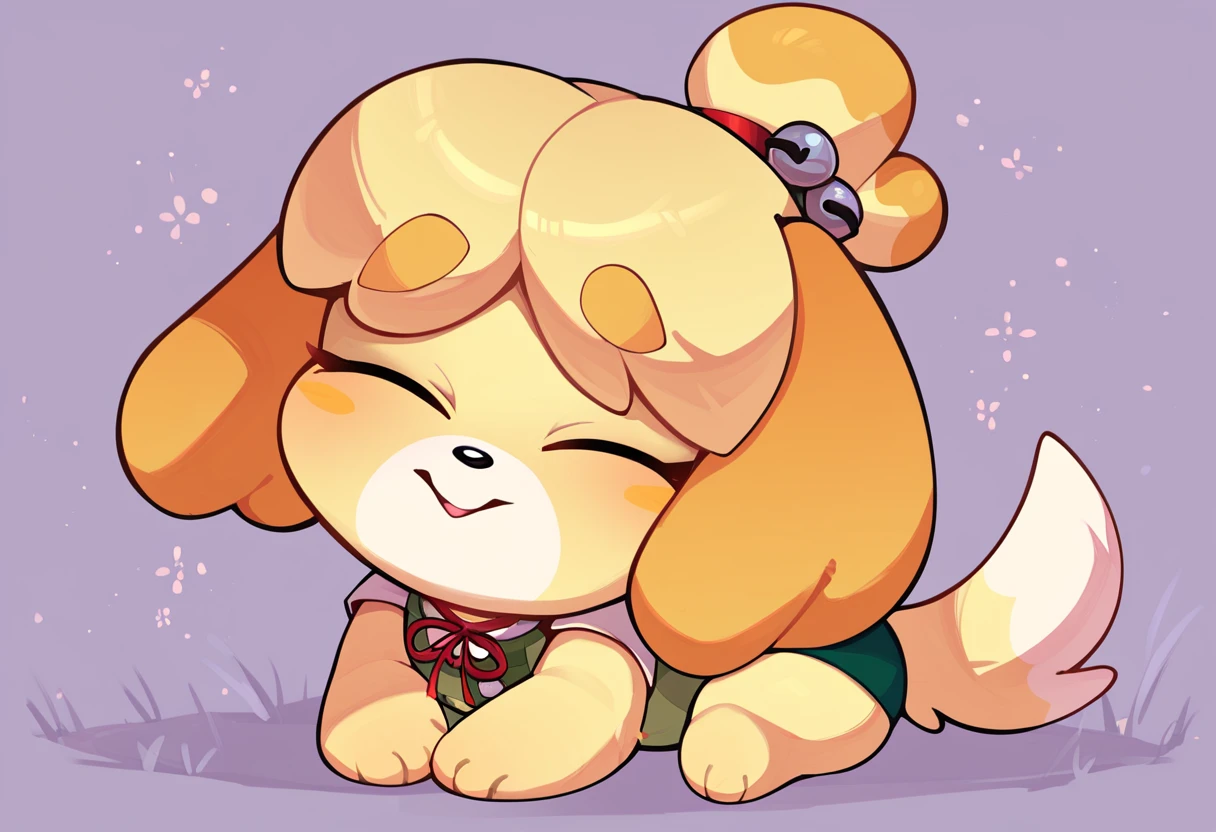 score_9_up, score_8_up, score_7_up, score_6_up, curled up, Isabelle \(animal crossing\), dog girl, 1girl, yellow fur, closed eyes, full body