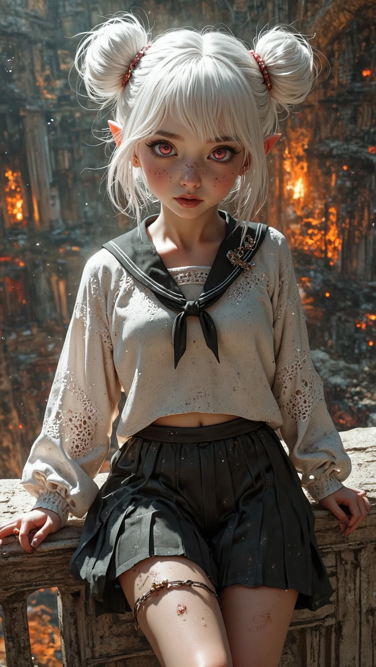 (masterpiece, high quality, 8K resolution). 
A highly detailed anime illustration that combines fantasy and science fiction.
Character: A 20 year old elf very short young beautiful alluring albino pointy eared elven woman, white hair,  (pixie undercut ((updo)) extremely large round double buns:1), freckles,  Freckles, (red eyes), (fangs), (((long albino succubus tail connected at the coccyx))). Dressed in a (skimpy) (punk rock) heavy metal style (school girl uniform) with microskirt and extremely high cropped top. Intricately detailed outfit.
Background: A fiery hellscape. A stone balcony overlooking a stone desert full of fire, smoke, lava, and magma explosions.
Details: a cheeky cocky mischievous aroused enchanting nymphomaniac pointy eared elf damed to an eternity in service to hell, an alluring seductress who enchants humans into sin. Close up portrait. Detailed, sensual, Drawn in the style of a Sam Raimi hellscape, influenced by The Good Place television series. Inspired by nymphomaniac Rae in Black Snake Moan and seductress Danielle in The Girl Next Door movie.  She's the embodiment of desire suduction and nymphomania,  waiting for her devilish boss in a hell devoted to sin, greed and vice. REALNIME, 

Alluring, aroused, elven, sexual,  pointy ears, suductive, enchanting arousal, mischievous, temptress, enchantress, seductress, loving, excited, joyous, sad, impatient, frisky, fun.