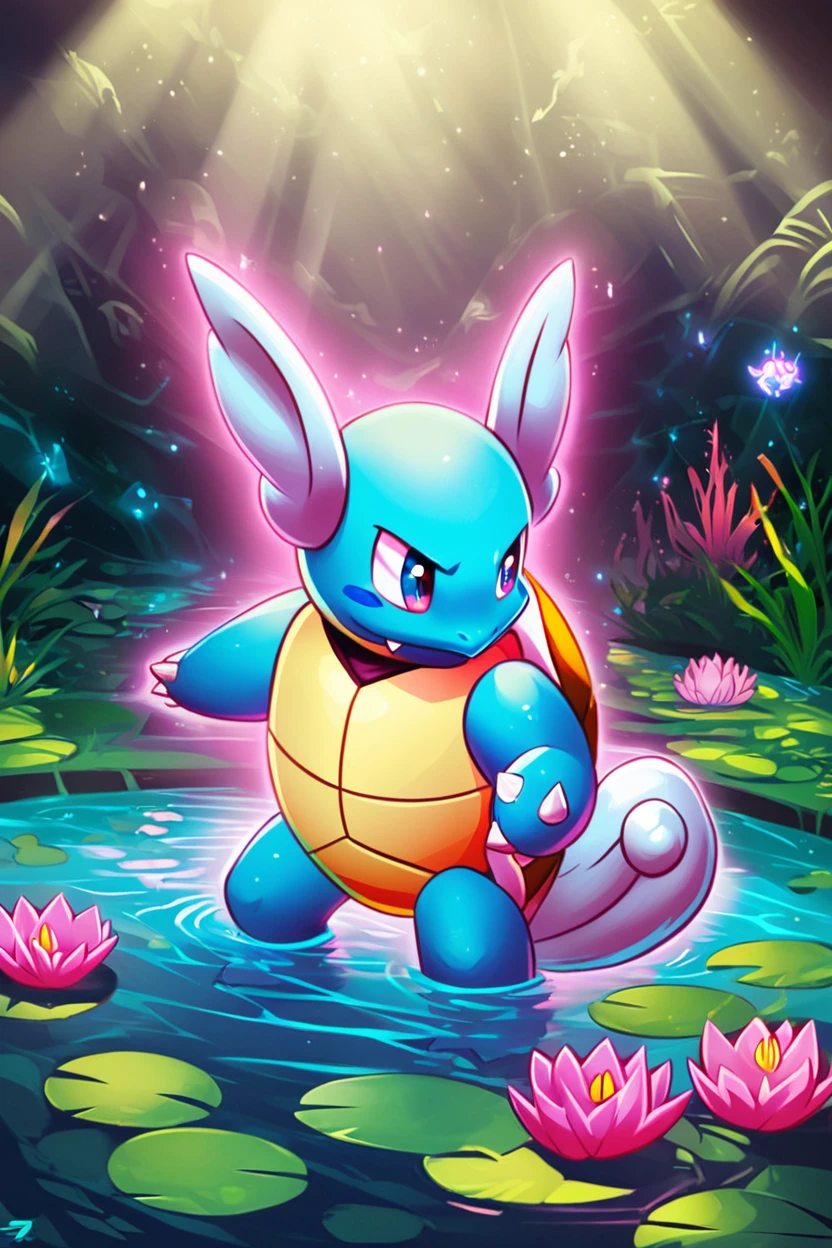 score_9, score_8_up, score_8, <lora:WartortlePokedexPDXL:1.0>,   zzWartortle, no humans,  standing tall, surrounded by glowing water lilies, mystical lagoon background, moonlight reflecting off the water, calm but powerful expression, soft ripples, dramatic lighting, serene yet intense atmosphere    ,embedding:zPDXL,  <lora:SDXLFaeTastic2400:0.5>,