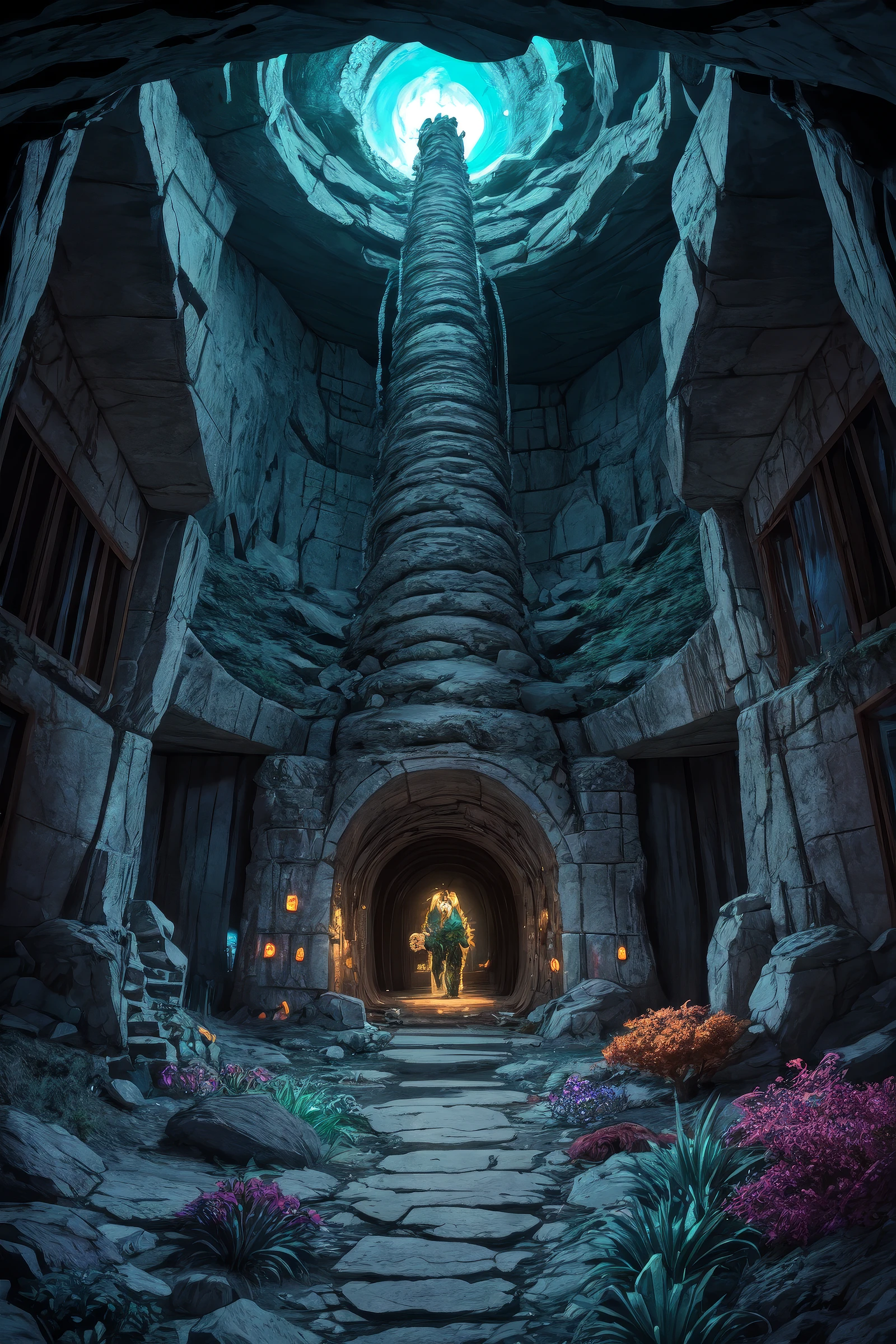 A hidden, underground city carved out of crystal and stone, illuminated by bioluminescent plants and inhabited by dwarves and earth elementals, vivid colors