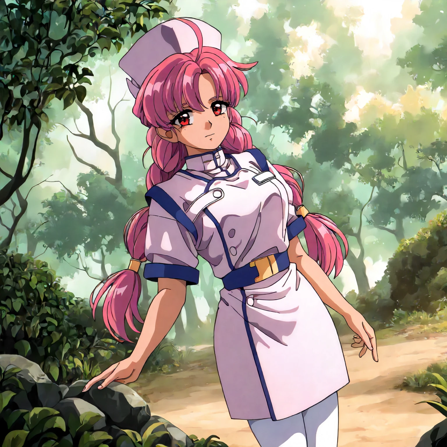 <lora:NBnH_RieAndChisatoXLIllustrious001>,
masterpiece,best quality,good quality,newest,
detailed background,nature,
looking at viewer,
RieMakino,1girl,pink hair,ahoge,twin braids,long hair,red eyes,
nurse_cap,nurse,
belt,
skirt,
white_pantyhose,
standing,