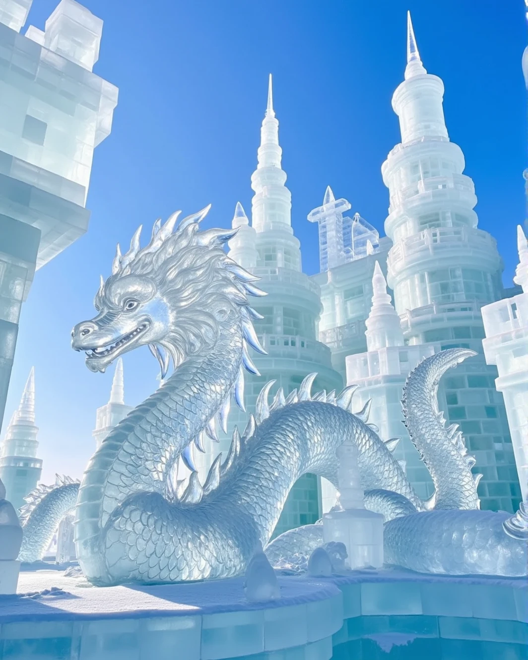 ice Chinese dragon in skyï¼background is ice castle,blueskyï¼lookup<lora:ice-000019:1>