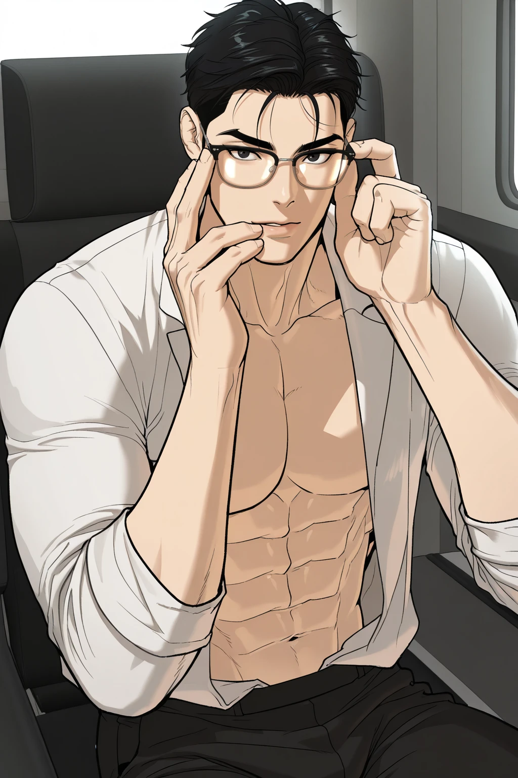 <lora:jaekyung-IL:0.8>,jaekyung,black hair,black eyes,white shirt,open clothes,looking at viewer,sitting,adjusting_eyewear,glasses,1boy,solo,yaoi,bara,male focus,masterpiece,best quality,amazing quality,nsfw,uncersored,highres,best quality,amazing quality,best aesthetic,absurdres,