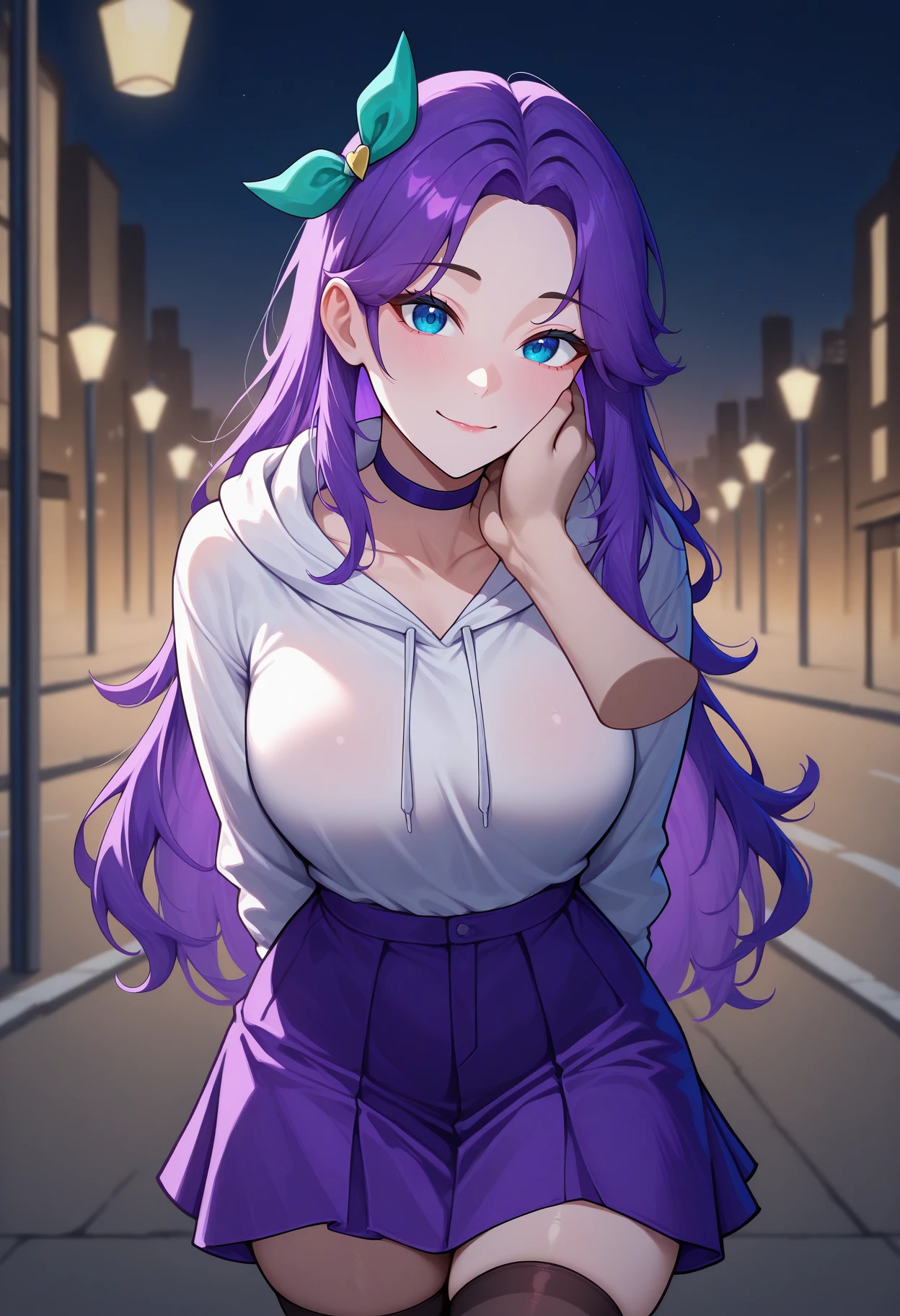 masterpiece, best quality, newest, absurdres, highres, 1girl, solo, <lora:NSAbigailStardew:1> NSAbigailMisc, blue eyes, purple hair, long hair, parted bangs, hair bow, green bow, purple choker, white hoodie, purple skirt, thighhighs, light smile, pov hands, hand on another's cheek, street light, city, night, evening