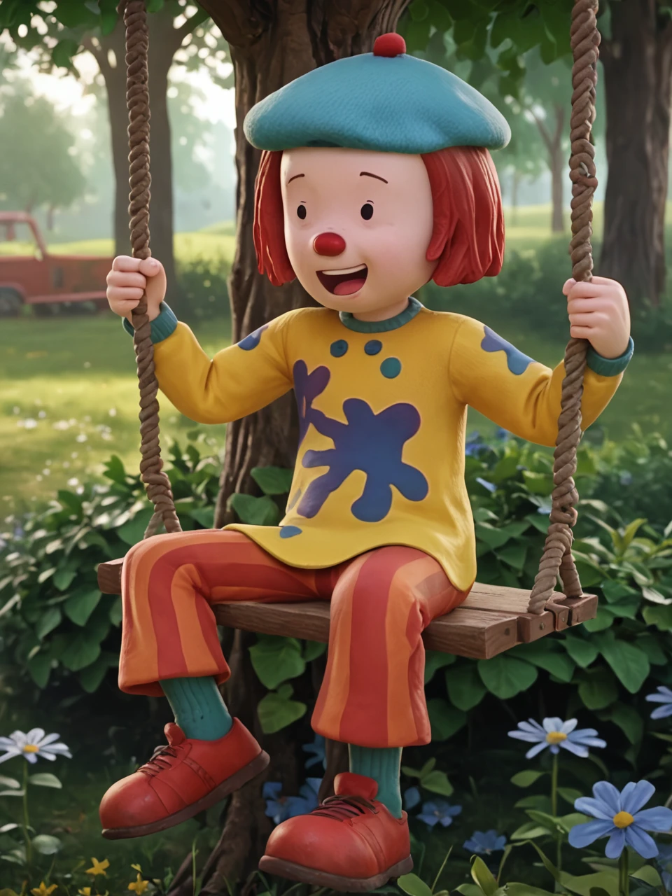 score_9, score_8_up, score_7_up, BREAK,  J0J0T1ckl3, solo, red hair, red nose, black eyes, beret, yellow shirt, print shirt, red pants, striped pants, red footwear, green socks, in the park, big tree, swing, swings, pushes himself, swings his legs, clings, laughing,  sunlight, shadows, natural lighting, flowers, bushes, Poststyl, 
<lora:JoJo_Tickle:0.9>  <lora:David_style:1>