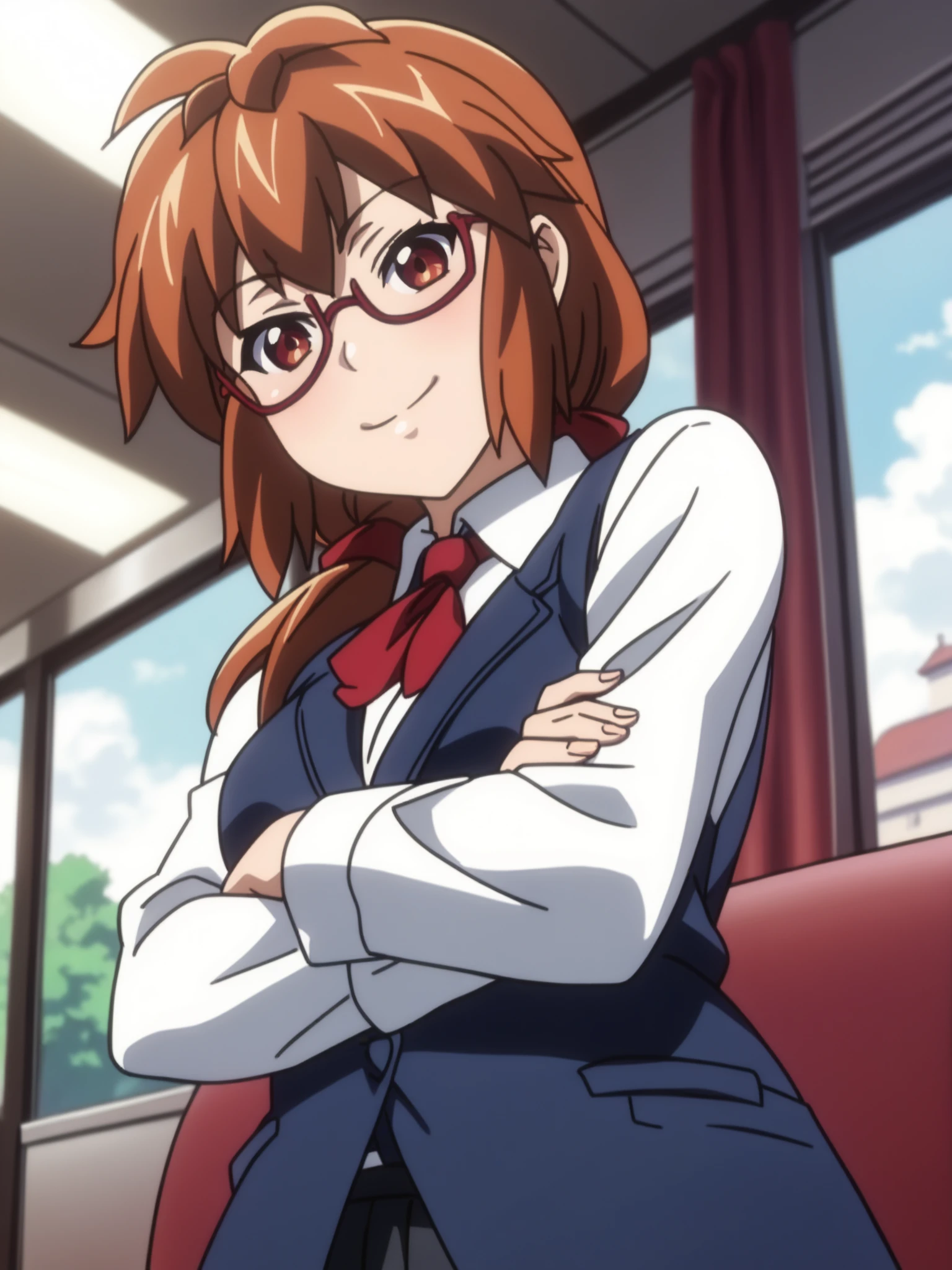 <lora:happy_tentacle-kyoukarin-v0.1-000010:0.9>, ht_kyoukarin, glasses, (red eyes, brown hair:0.7) , smile, , indoors, train cowboy shot, 1girl, (petite:1.2), solo focus, (looking at viewer:1.1), sidelighting, (depth of field:0.8), (from below:0.8), score_9, score_8_up, score_7_up, score_6_up, score_5_up, score_4_up