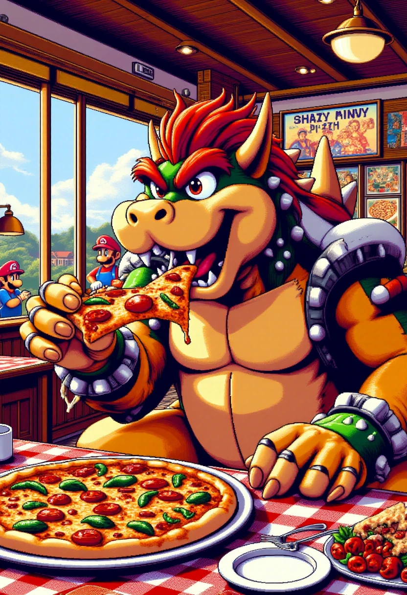 <lora:PC-98_Style_FLUXCaption:0.9>
The image is a vibrant, pc98style pixelated digital artwork of Bowser from Super Mario eating pizza at a pizzeria