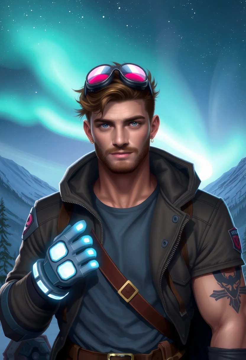 image of a male rpg adventurer, D&D, RPG character, solo, blush, glowing gloves, googles on head, arm tattoo, outdoors, aurora, snowlands background, highres, high-definition, high-octane, smooth fantasy style, colorful, vibrant