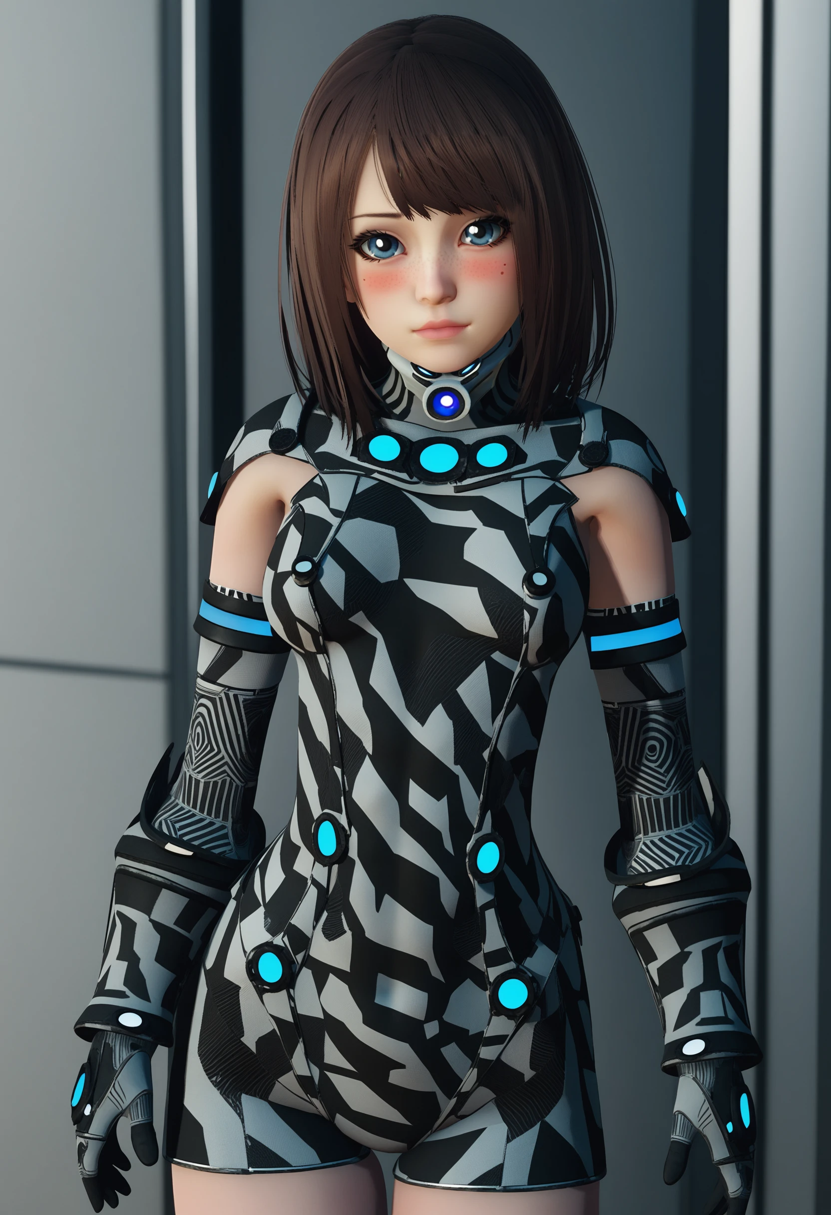 score_9, score_7_up, depth of field, sidelighting, 1girl, BREAK looking at viewer, blush, short hair, eternum bodysuit, eternum elbow gloves, standing, <lora:Annie Eternum V2.1:.9> annieet, small breasts, freckles, brown hair, blue eyes