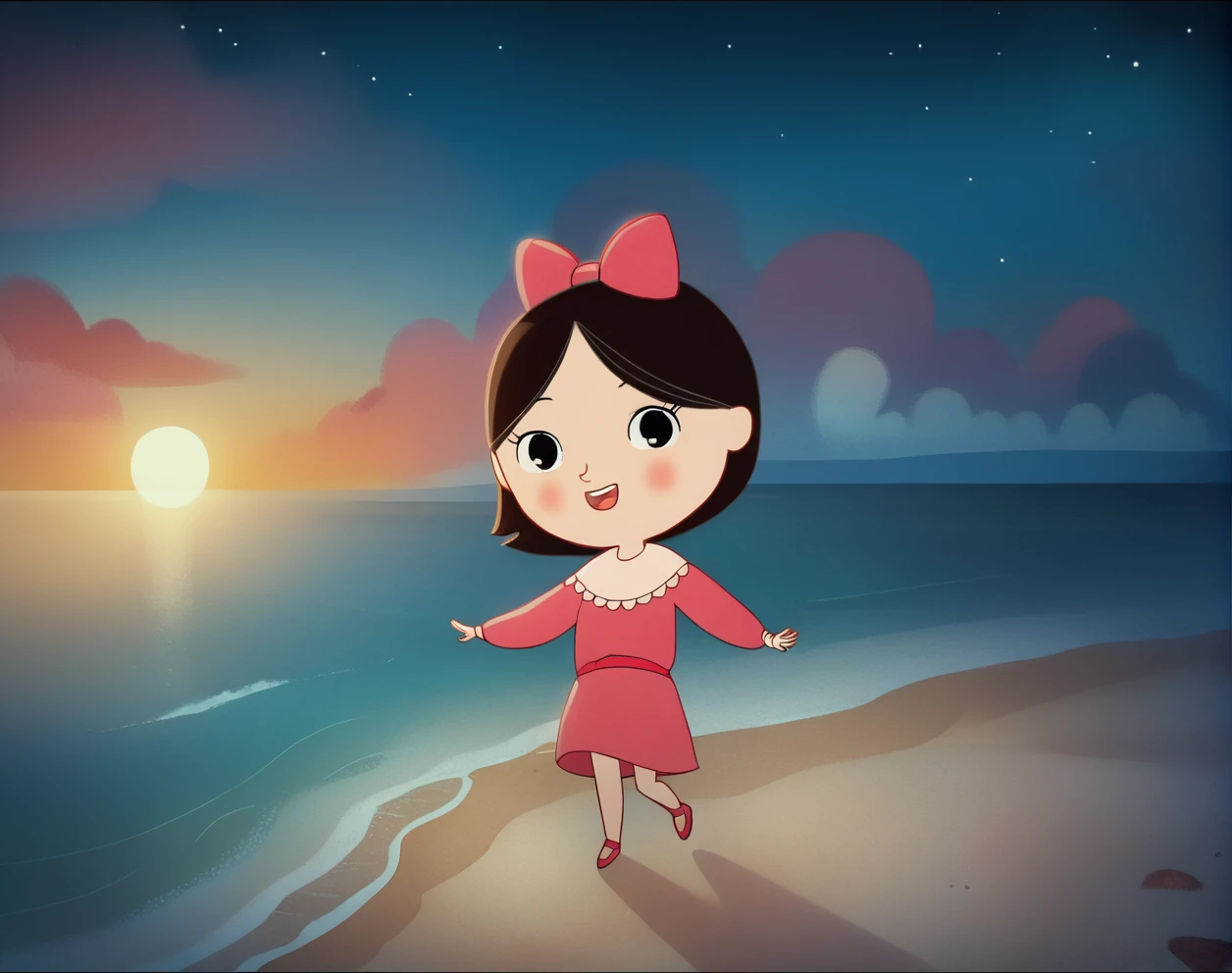 zPDXL3, source_cartoon, Perfect Hands, full body, 
1girl, solo, saoirse, black hair, black eyes, short hair,  blush, pink dress, long sleeves, hair bow, pink bow, red footwear, , night, beach, stars, dancing, looking at viewer, reaching at viewer, happy, magical, (detailed background:1.3), wide shot,
<lora:Perfect Hands:1><lora:Saoirse_-_The_Song_of_the_Sea:1>