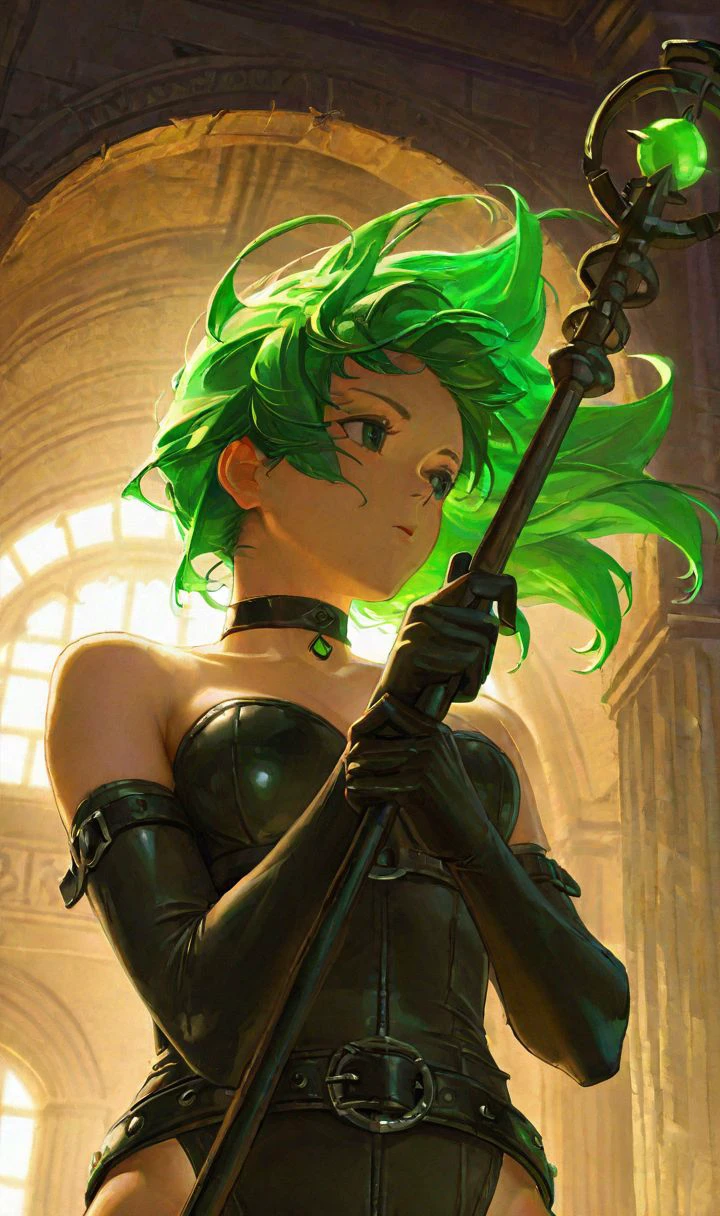 d1style, close-up, holding staff, elbow gloves, highleg leotard, belt, choker, buckle, green hair, floating hair, from below, pose, looking away, thighhighs, upper body, at dungeon, symbol, column, arch, indoors, scenery, highres, solo  <lora:diablo_style:0.8>