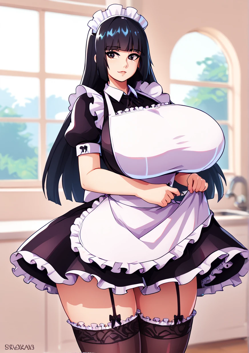 1girl, akiyama mio, huge breast, , apron, black dress, black eyes, black hair, black thighhighs, blunt bangs, cowboy shot, dress, frilled apron, frilled dress, frilled thighhighs, frills, indoors, long hair, looking at viewer, maid, maid headdress, puffy short sleeves, puffy sleeves, short sleeves, sidelocks, solo, thighhighs, white apron, window, handfixer,zPDXL3 <lora:Breast Slider - Pony_alpha1.0_rank4_noxattn_last:3> <lora:HandFixer_pdxl_Incrs_v1:1>  <lora:grand_sage:1>