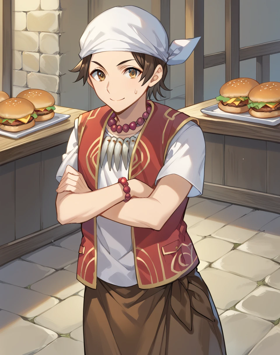 asuta_tsurumi, brown hair, short hair, brown eyes, 1boy,beads necklace, bracelet, sweatdrop,  tribe vest, white shirt, tusk necklace, white pants, brown sarong, white bandana  BREAK  outdoors, food stand, medieval, hamburgers, hamburger steaks BREAK crossed arms, confident, smile,  looking at viewer, behind food stand BREAK score_9, score_8_up, score_7_up, source_anime ,zPDXL, <lora:Asuta_Tsurumi:0.8>, solo