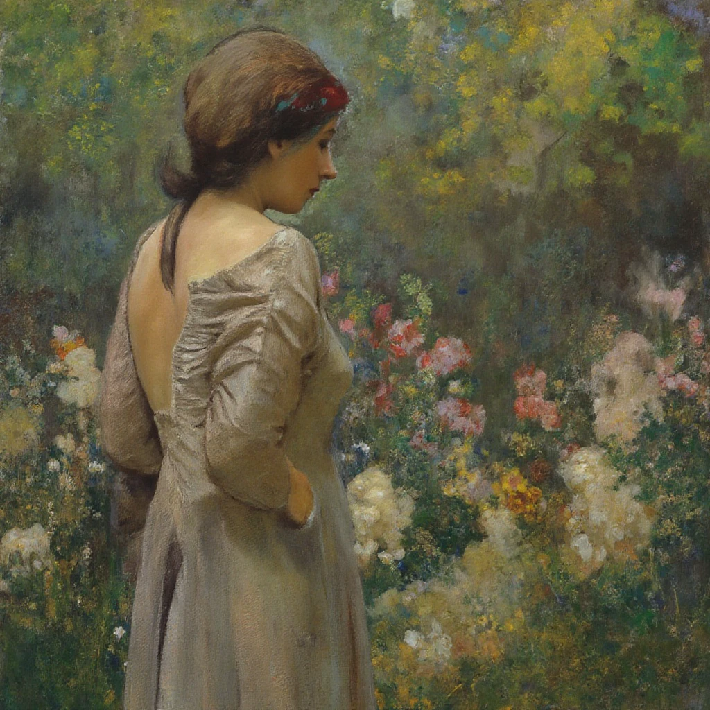 a odilonredonstyl woman in a garden, painting