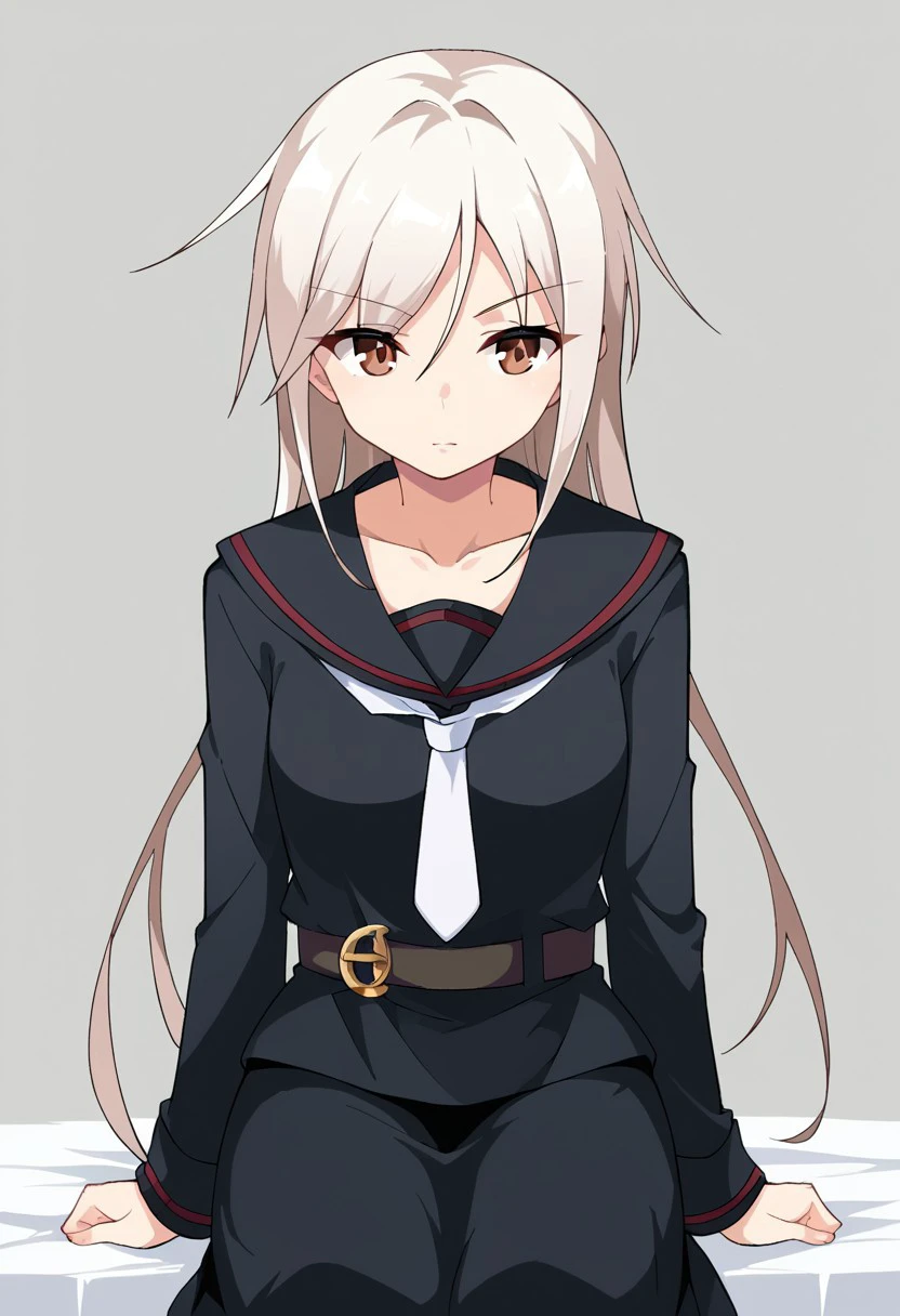 score_9, score_8, score_7, source_anime, kikuzuki (kancolle), belt, standing, white necktie, serafuku, black skirt, collarbone, sitting