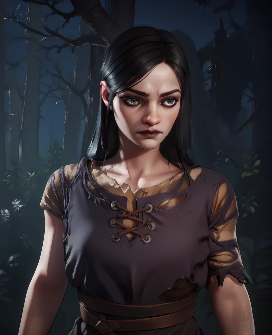 score_9,score_8_up,score_7_up,score_6_up,score_5_up,score_4_up,
wtchxl,black hair,long hair,blue eyes,
dress,torn clothes,short sleeves,
standing,upper body,
forest,night,<lora:witchxl:0.9>,