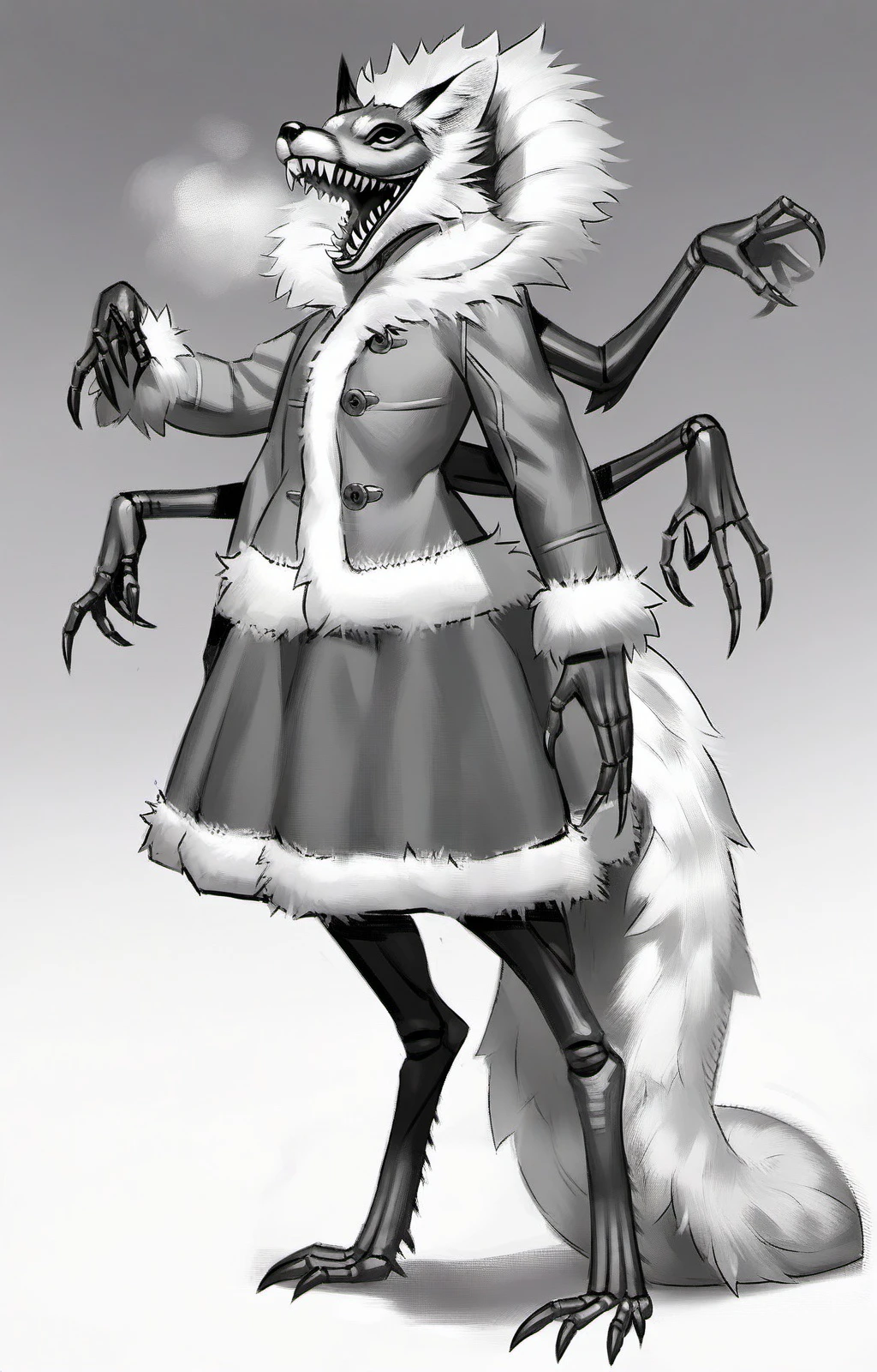 masterpiece, best quality, <lora:alice_the_vixen_obsession_v1:1> alice_the_vixen, 1girl, solo, skirt, animal ears, standing, jacket, tail, full body, monochrome, greyscale, coat, fur trim, gradient background, sharp teeth, monster girl, furry, breath, claws, extra arms, arthropod girl