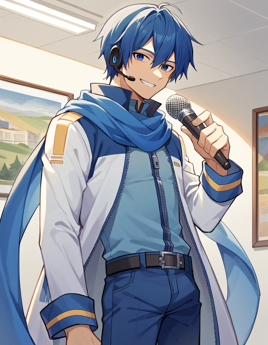 score_9, score_8_up, score_7_up, source_anime, <lora:vocaloid-kaito-ponyxl-lora-nochekaiser:1>, kaito, kaito (vocaloid), blue eyes, blue hair, male focus,, belt, blue pants, blue scarf, blue shirt, coat, headset, microphone, pants, scarf, see-through clothes, zipper, museum, art exhibit, paintings, observing, quiet contemplation, cultural experience, smile, v, v over mouth, smug,, looking at viewer, solo,, dutch angle, cowboy shot