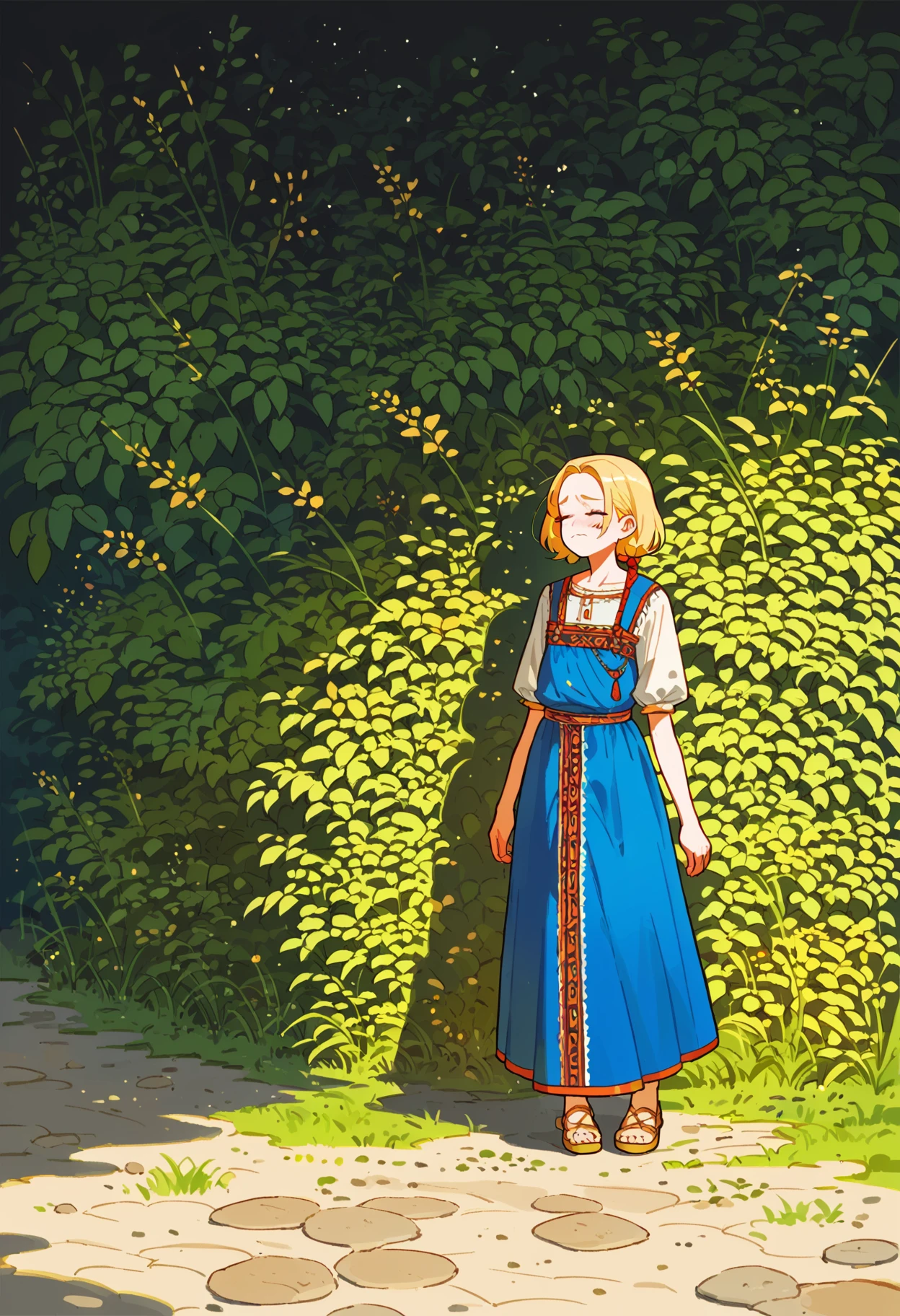 score_9, score_8_up, score_7_up, score_6_up, score_5_up, score_4_up, score_9, score_8_up, score_7_up, score_6_up, score_5_up, score_4_up, source_anime, digital artwork, dry grass, (steppe:1.5), (plains), ravens in grey sky, ash, standing in grey landscape, rocks, embroidery, (blonde haired 1girl) in (sarafan:1.3) with (short:1.4), (sad smile), closed eyes, blue dress, shoes<lora:sarafan-v1.0_150_epochs:1.2>