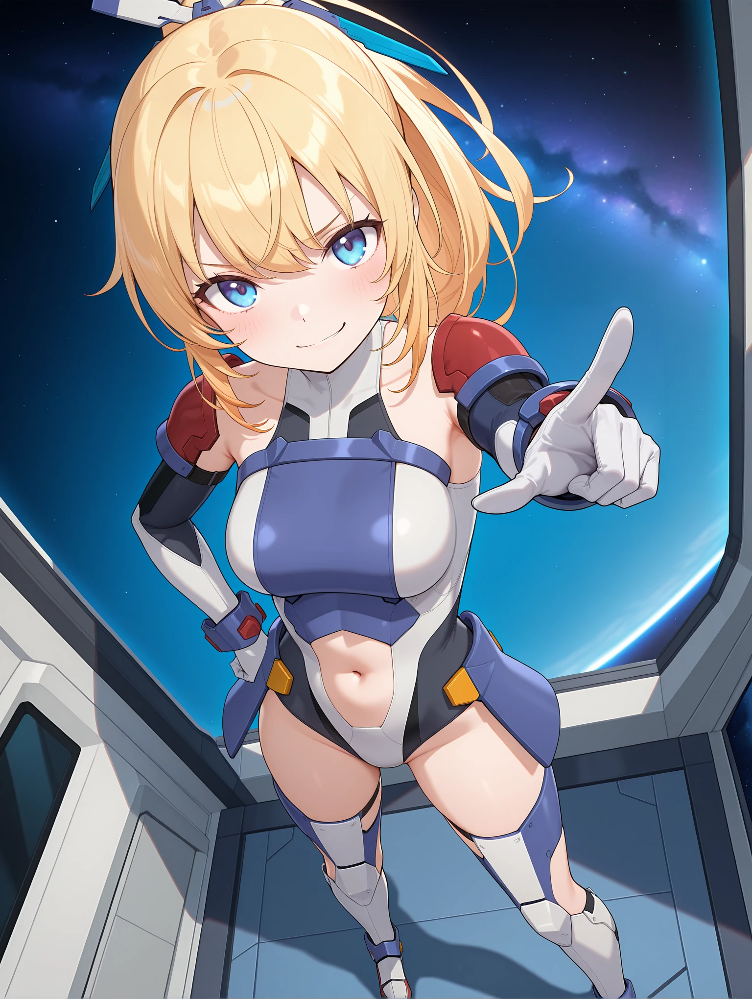 masterpiece,best quality,amazing quality,
solo,1girl,
<lora:saeki_ritsuka_ilxl_v1:1>,s_ritsuka,blonde hair,ponytail,blue eyes,PN-RI,gloves,stomach cutout,clothing cutout,elbow gloves,leotard,navel,thighhighs,
<lora:Fixhands_anime_bdsqlsz_V1:1>,smirk,light_blush,Space Station,starry_sky,looking_at_viewer,cinematic_angle,front view,pointing,point to here,hand on hip,standing,spread legs,from_above,, masterpiece,best quality, very aesthetic, absurdres, ultra detailed, high resolution, 4k, extremely detailed CG,