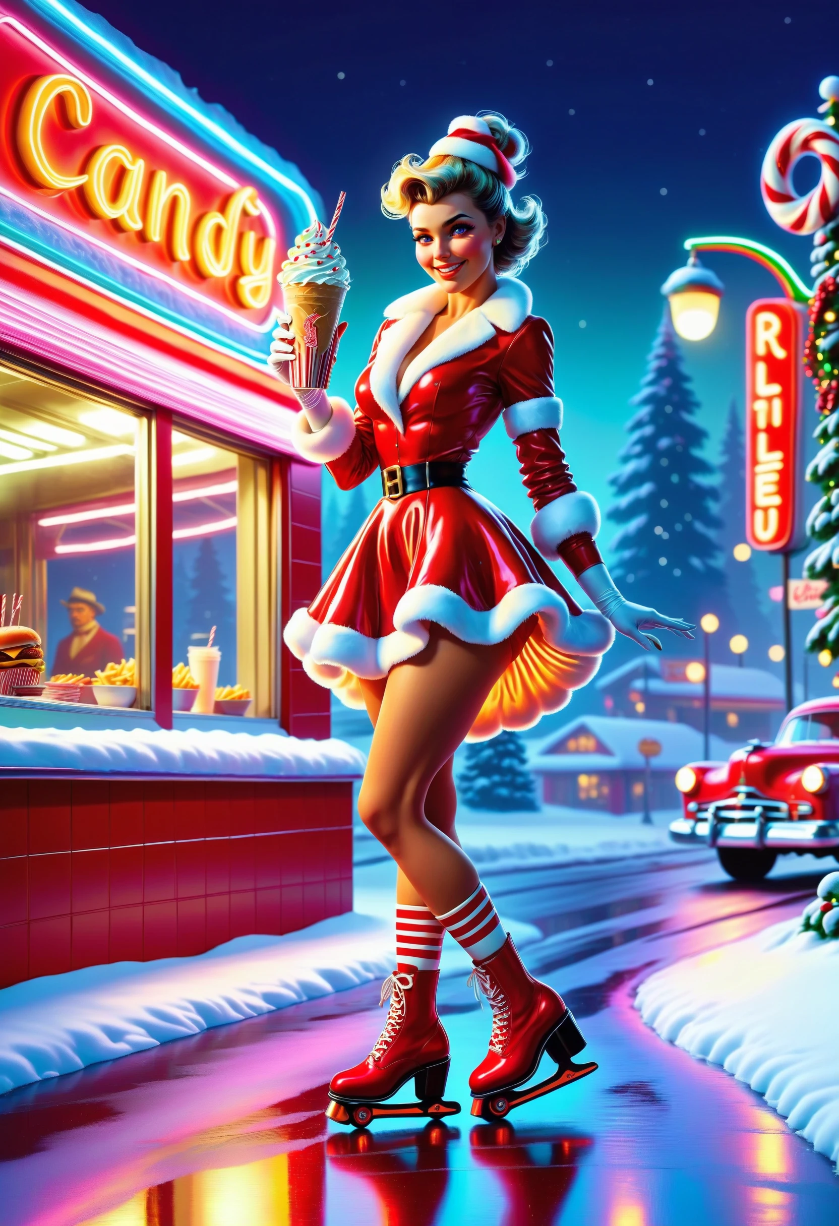 Masterpiece, best quality, newest, absurdres, highres, improved
A vibrant 70s-inspired scene of a rollerblading waitress in a festive Christmas outfit, gliding effortlessly through a retro drive-thru diner. She wears a cheerful red and white holiday dress with fluffy trim, paired with vintage roller skates featuring candy cane stripes. Her hair is styled in voluminous curls, and she carries a classic diner tray with burgers, fries, and milkshakes, all adorned with holiday-themed garnishes. Neon lights from the diner cast colorful reflections on the wet pavement, blending reds, greens, and warm yellows to enhance the festive mood. Classic cars with frosty windows and garlands line the drive-thru, while soft snow falls gently in the background, creating a nostalgic and cinematic holiday atmosphere.