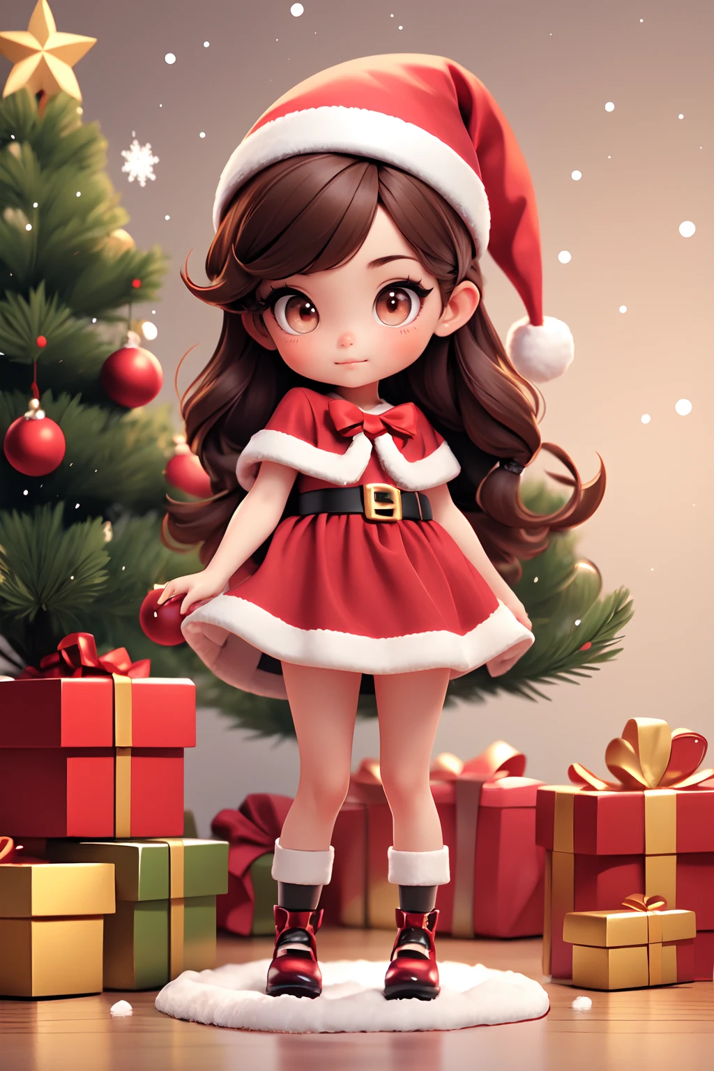 1girl, brown hair, jade eyes,  santa dress, christmas tree<lora:Santa Dress_v1:1>