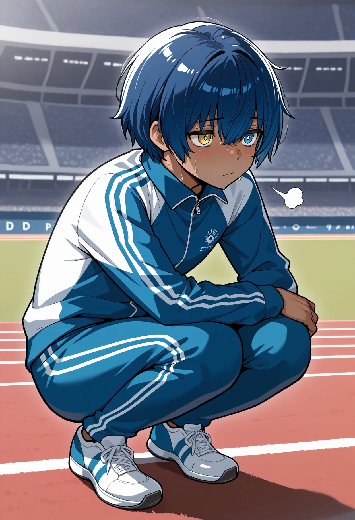 masterpiece, best quality, 1boy, squatting, exhausted, sigh, sweat, track suit, sneakers, <lora:ProtagonistMR-illu:1> dfProtag, blue hair, short hair, hair between eyes, heterochromia, yellow eyes, blue eyes, dark-skinned male, track and field, stadium