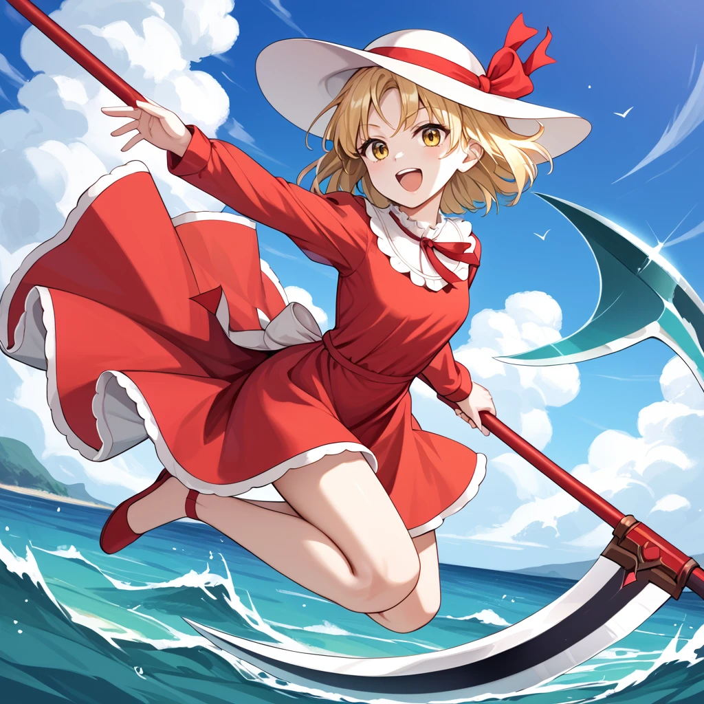 score_9_up, score_8_up, score_7_up, BREAK source_anime, (masterpiece), (best quality), 1 girl, elly, blonde hair, dress, hat, red ribbon, yellow eyes, long sleeves, red dress, short hair, holding_scythe, wielding scythe, (from side:0.6), open mouth, beach, jumping, half-cut watermelon, windy, <lora:elly(touhou)-V2:1>