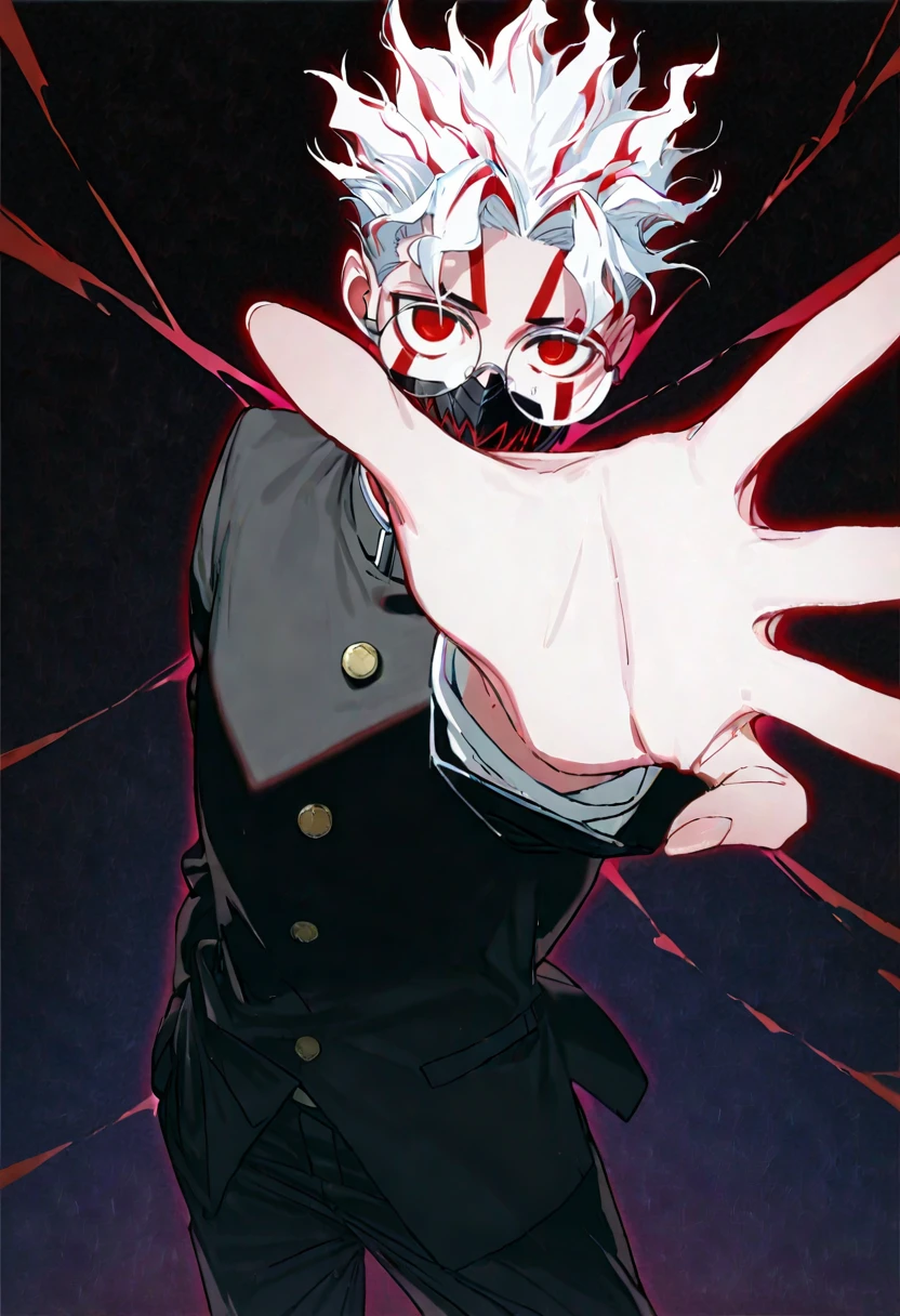 dandadan, 1boy, male focus,takakura ken (dandadan), rella, reoen, john kafka, solo, alternate form, black jacket, black pants, mask, mouth mask, facial mark, gakuran, red eyes, white hair, round eyewear, transformation, torn clothes, reaching, reaching towards viewer