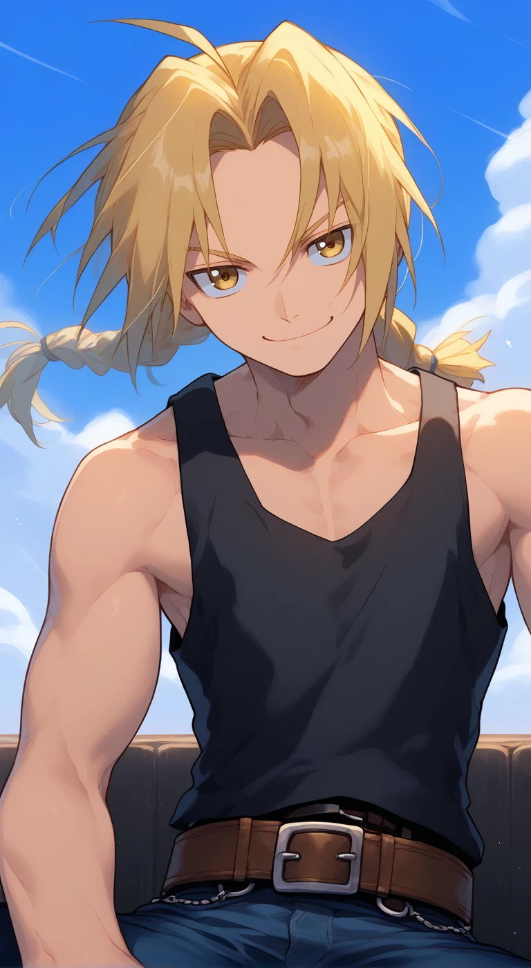 1boy,solo,male focus,lighter,edward elric,blonde hair,yellow eyes,long hair,ahoge,braided ponytail,single mechanical arm,black tank top,belt,jeans,smile,sky blue,smile,toned male,collarbone,naughty face,aged_up