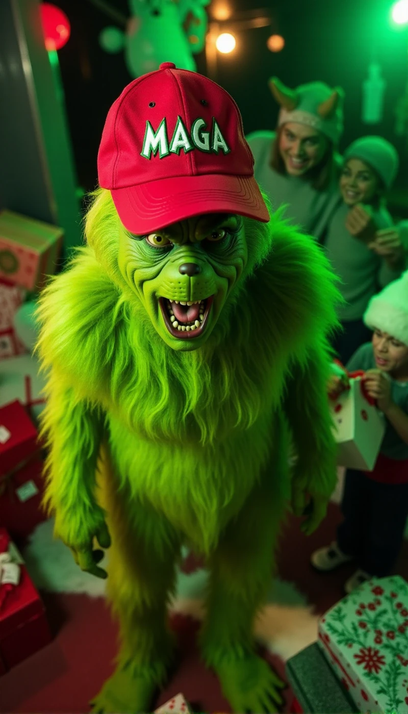 <lora:Grinch:0.9> grinch, full body ,green furry man wears a red baseball cap with the text "MAGA". He stands scaring kids with gifts