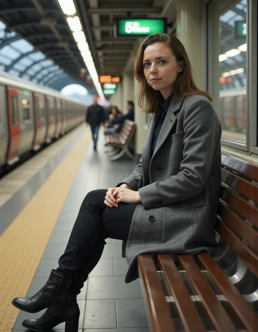 photo, worstwifeever,Sitting on a bench at a train station wearing a grey wool coat,  <lora:worstwifeever:1>