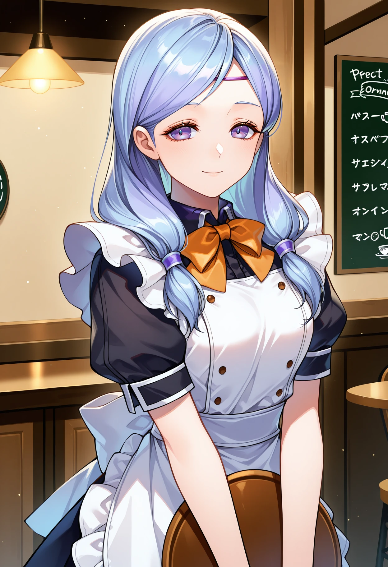 1girl, <lora:IlyanaIL:1> ilyanaRD.
an illustration of a girl wearing a waitress uniform and holding an empty tray. she is wearing a black shirt and a white apron. she is wearing an orange bowtie. she is inside a cafe.
lavender hair, lavender eyes, smile,
solo, holding, holding tray, waitress, 
masterpiece, perfect quality, best quality, absolutely eye-catching