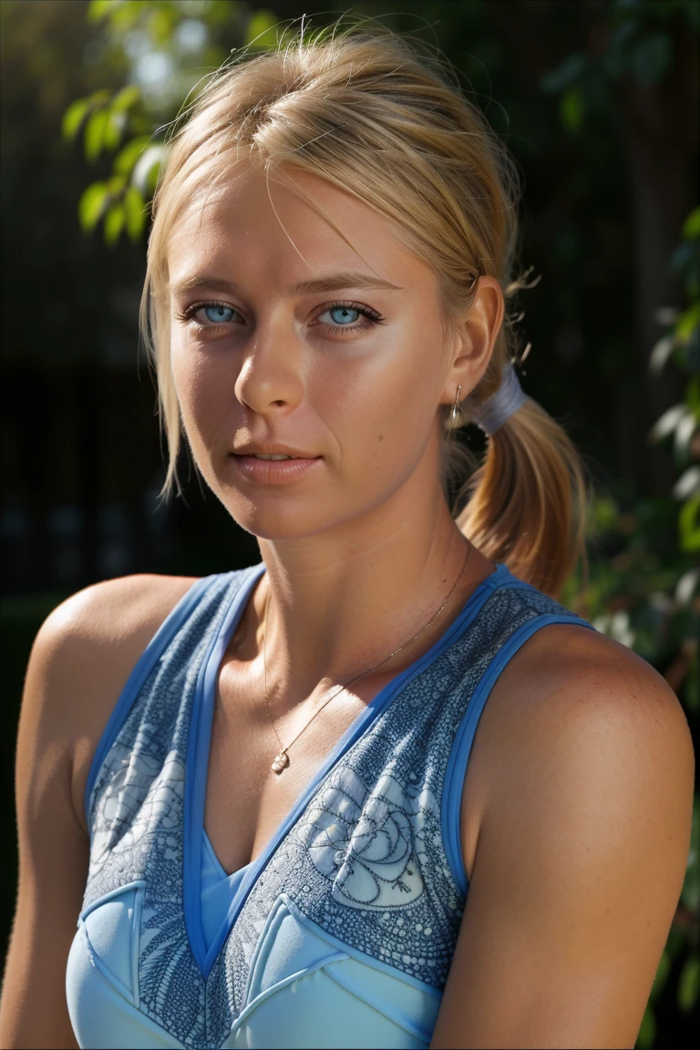 , photo  ,  (best quality),  (realistic), (intricate),  (close-up),<lora:MariaSharapovaQuiron_v04i03e25t05_Lora:0.87> mariasharapovaquiron  , blue eyes, makeup,   standing with arms relaxing down on quads,  Dappled Light, (look at viewer),intricate detailed, flash photography, realistic, amazing photo of a pretty woman ,