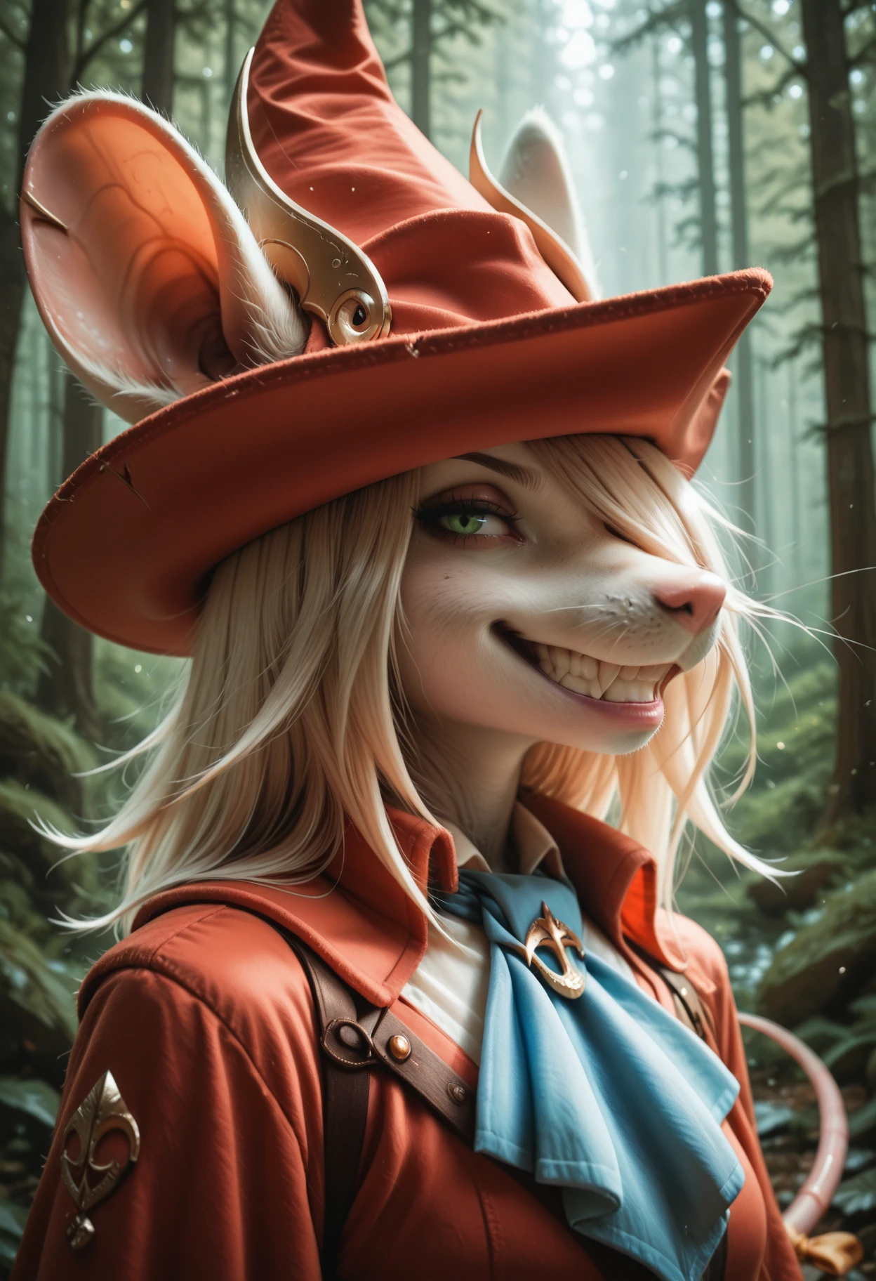 kftenhance, masterpiece, best quality, amazing quality, realistic, 1girl, Freya crescent, female furry, red hat, blue ascot, green eye, hair over one eye, medium hair, mouse ears, mouse tail, forest, portrait, upperbody, smug, sly grin