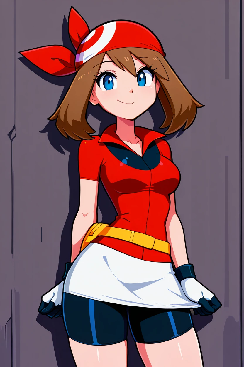 masterpiece, best quality, medium breasts,  BREAK,  zzMay, may (pokemon), solo, brown hair, blue eyes, medium hair, red shirt, bike shorts, red bandana, red shirt, gloves,  white miniskirt, yellow belt,  <lora:MayPokemonIXL_v2:1.0>, smile, looking at viewer, cowboy shot,   <lora:LandidzuStyleIXL:1.0>,