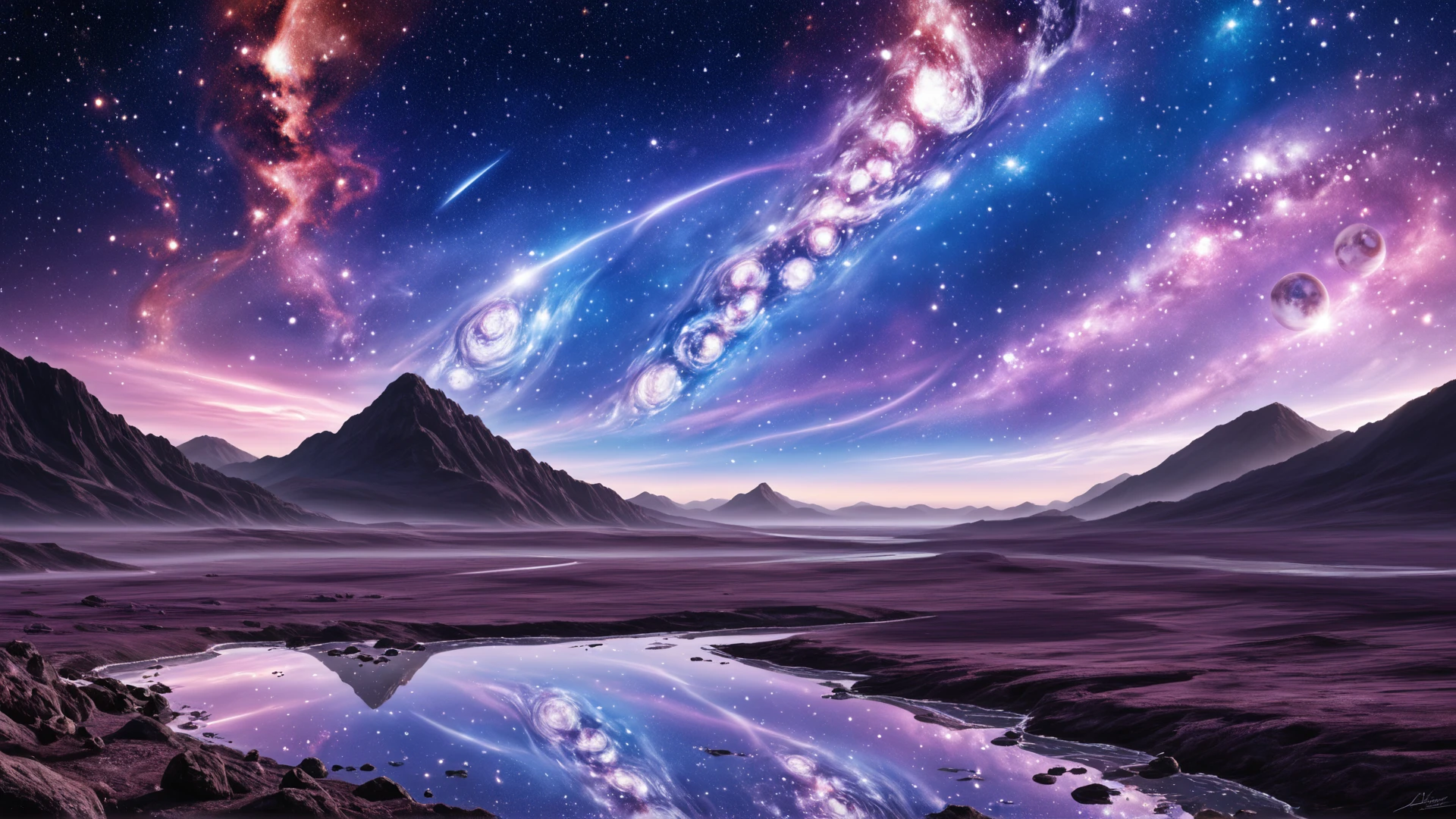 no_humans,ethereal mountains,ocean of stars,shadows of planets,planet,landscape,galaxy,water reflection,
wallpaper,absurdres,realistic,colorful,highres,
space,stars,science fiction,desktop wallpaper,official wallpaper,HD background,high definition,ray tracing,beautiful background,score_9,